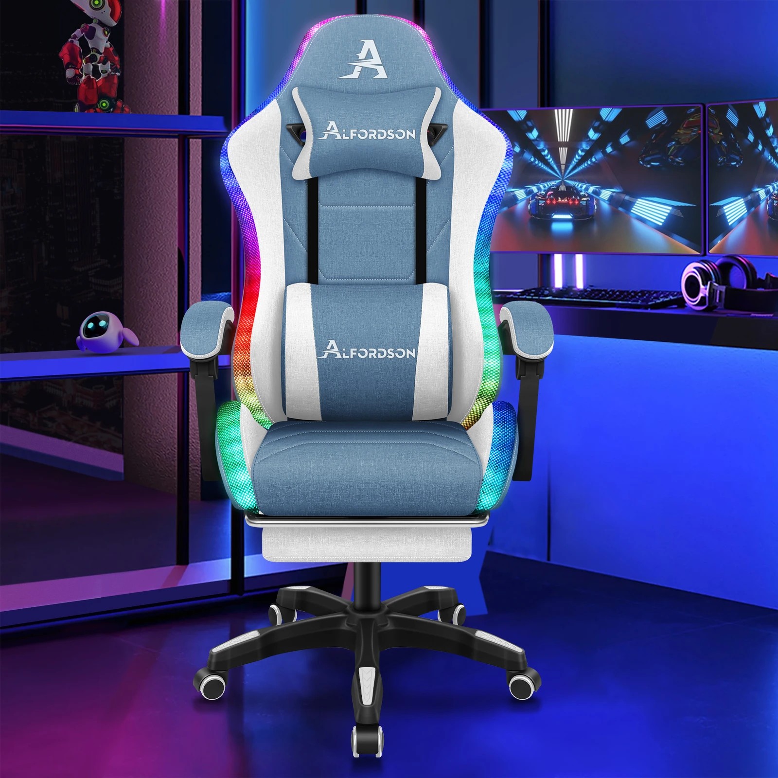 2 Alfordson Gaming Chair Office Massage 12 RGB LED Computer Seat Fabric - White Blue, 2 of 10