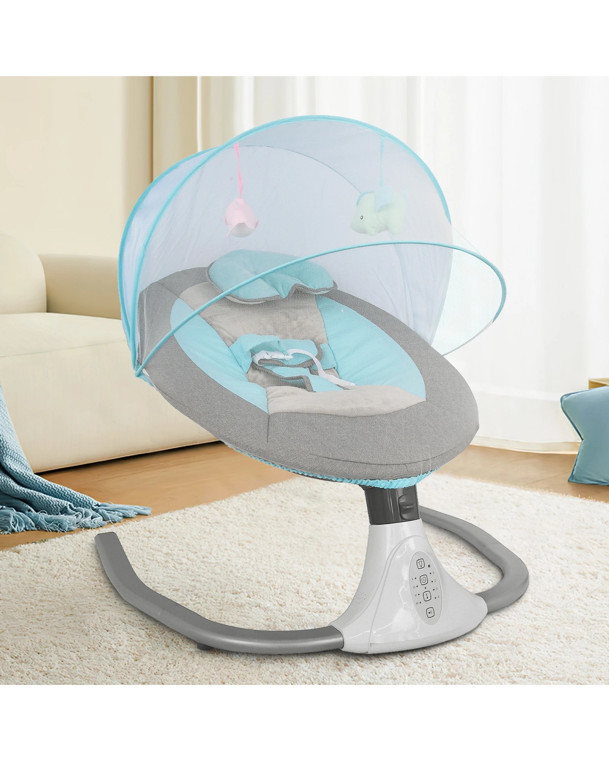 3 Advwin Electric Baby Swing Baby Bouncer Rocker with Mosquito Net Toddler Seat Soft Peachskin Blue, 3 of 9