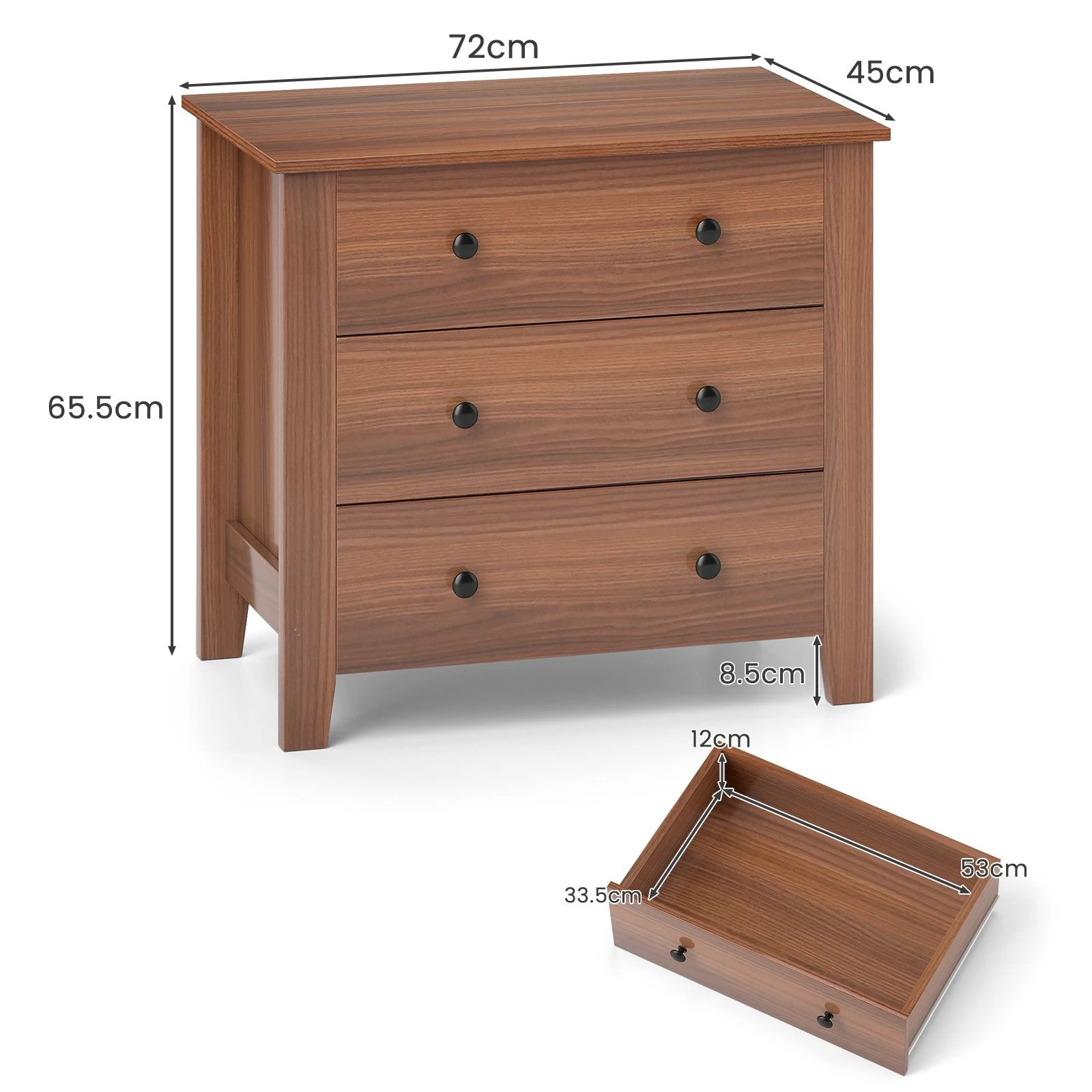 4 Costway 3-Drawer Dresser Chest of Drawers Nightstand Closet Storage Cabinet Organizer - Brown, 4 of 4