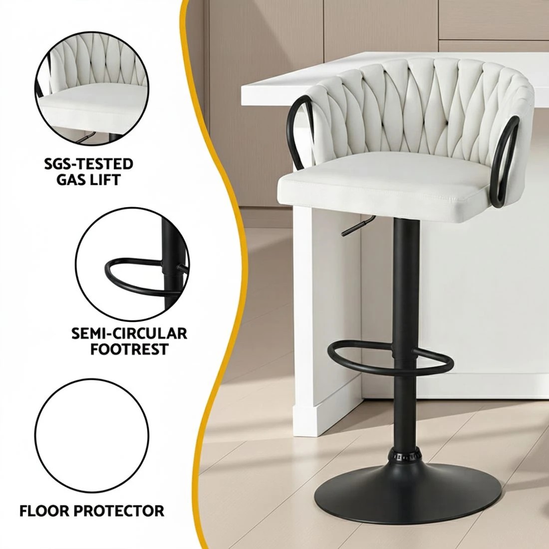 6 Artiss Bar Stool x4 Kitchen Dining Chair Counter Gaslift Woven Velvet - Beige, 6 of 6