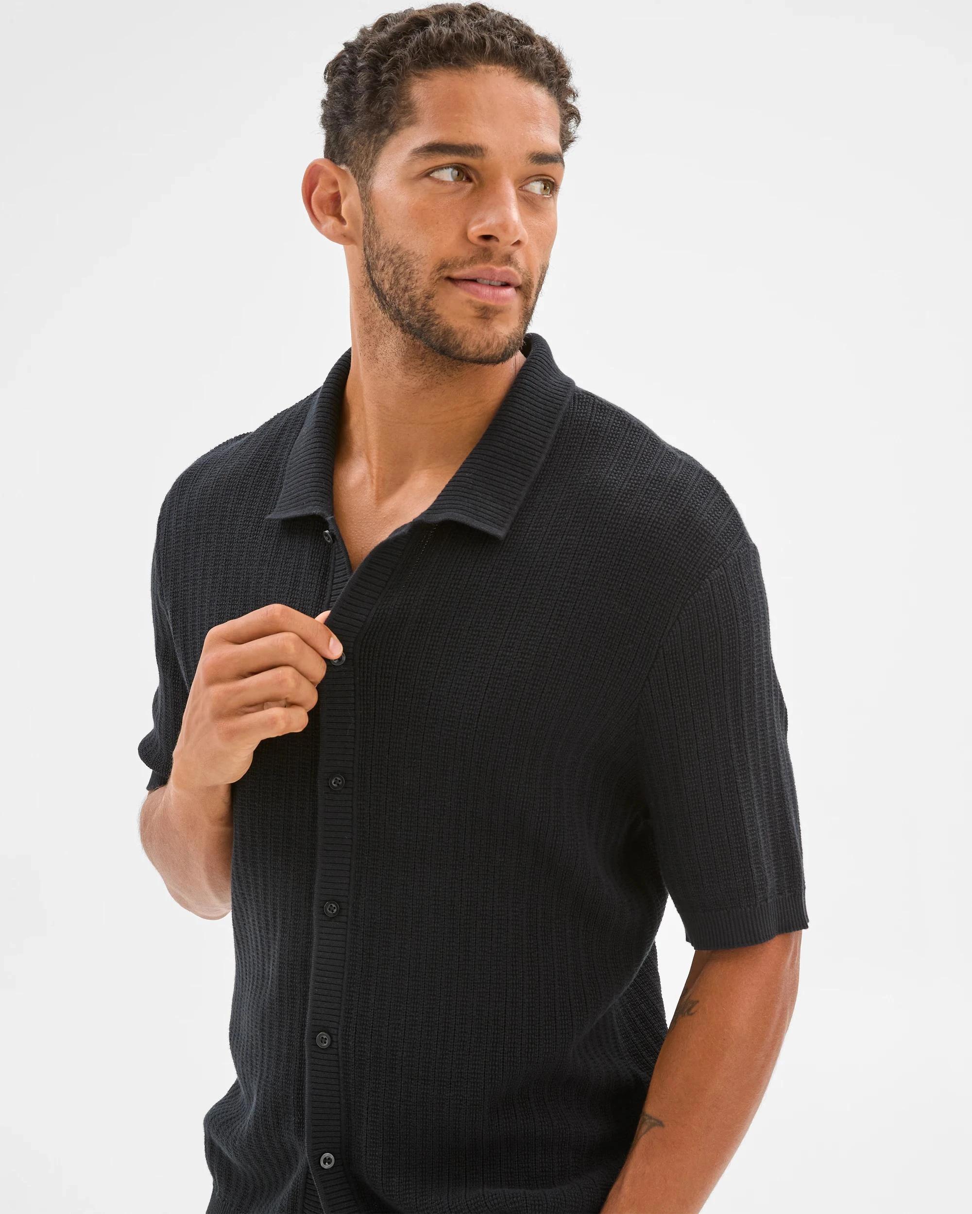 2 Australian Cotton Textured Stripe Knit Shirt - Preview BLACK, 2 of 6
