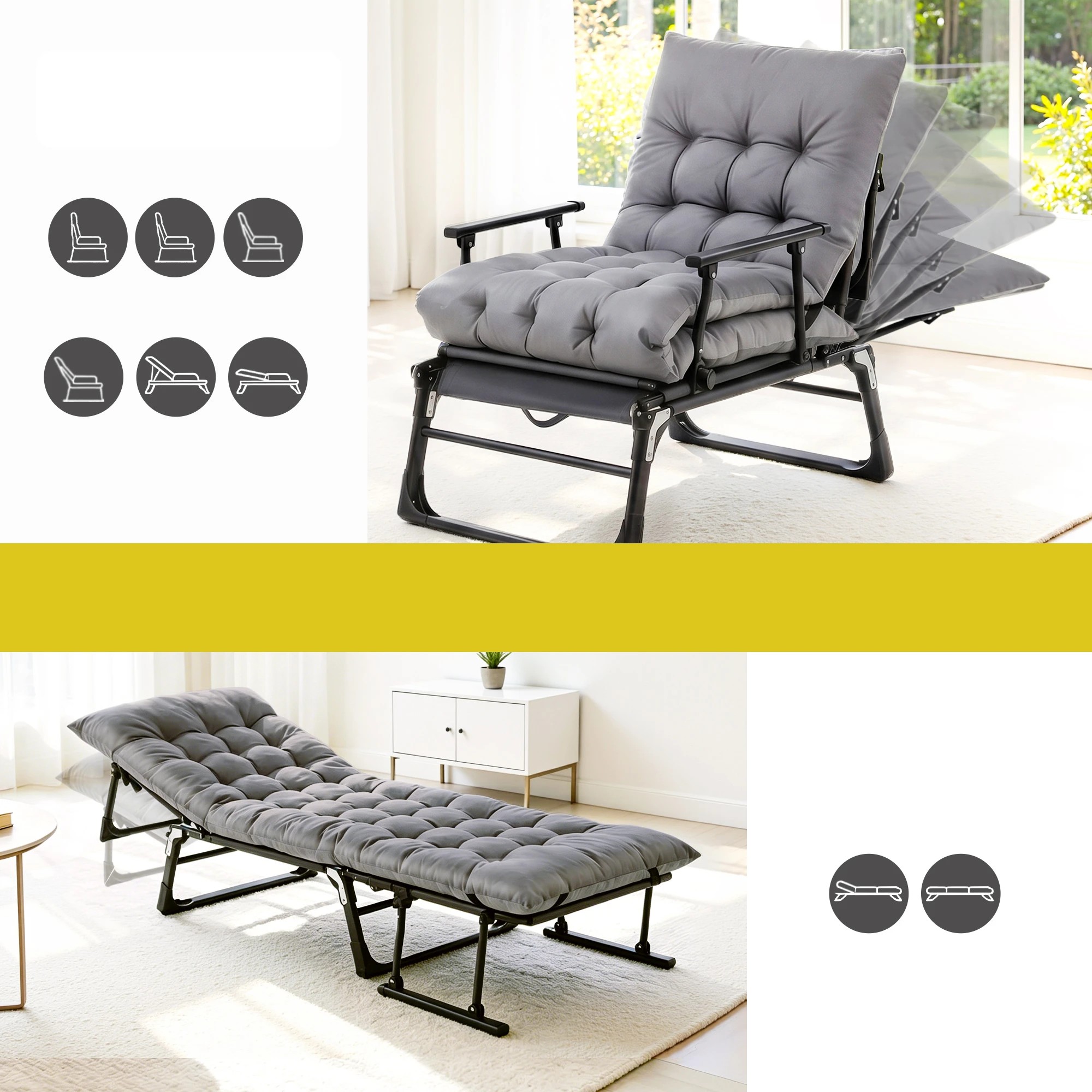 6 Gardeon 3-in-1 Sun Lounger Folding Camping Chair Adjustable Recliner Patio Furniture for Office Nap, Poolside - Grey, 6 of 8