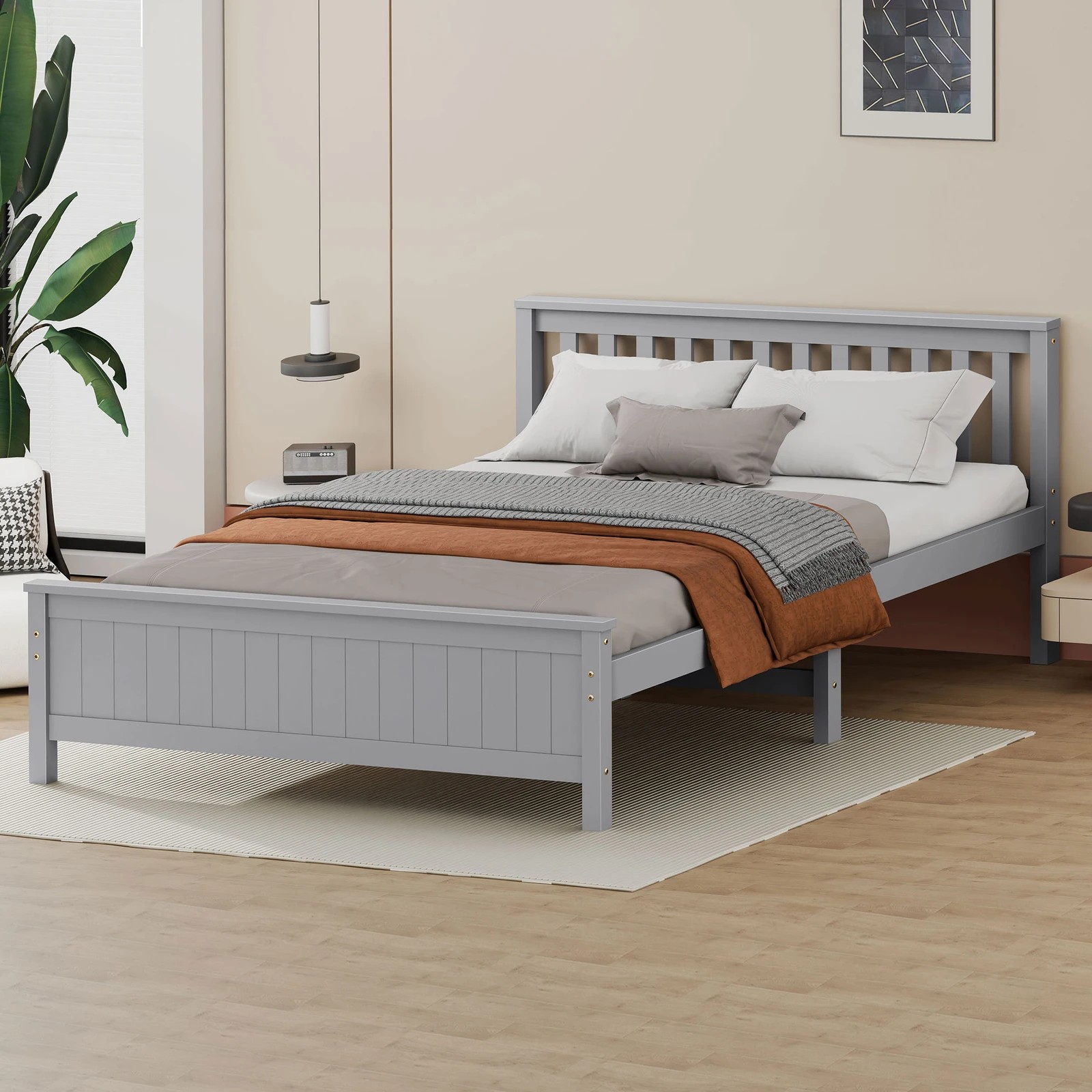 6 Alfordson Bed Frame Wooden Queen Size Slatted Headboard Timber Fabiano - Grey, 6 of 10