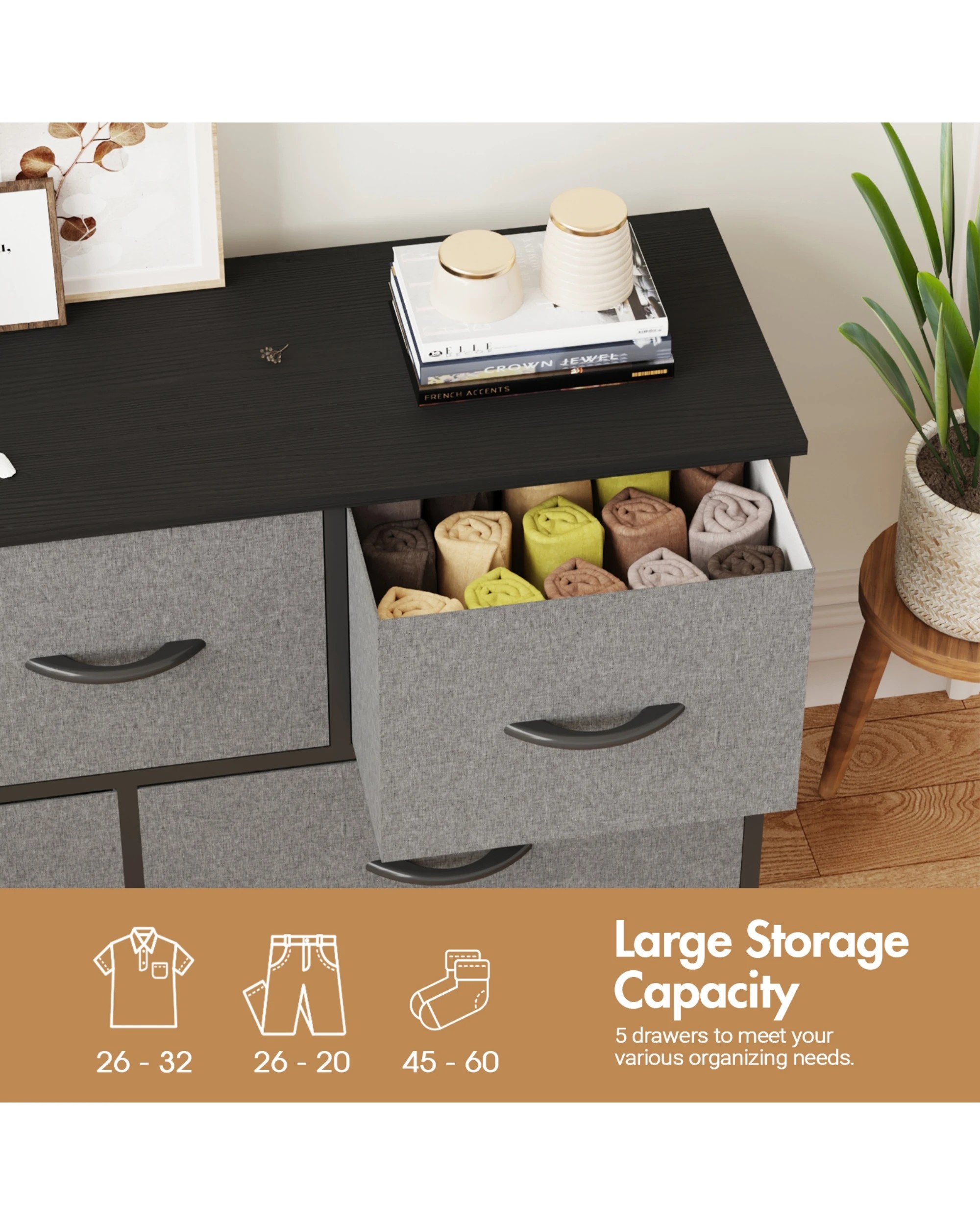 7 Advwin 5 Chest Of Drawers Storage Cabinet Tower Dresser Lowboy
 - Grey, 7 of 9