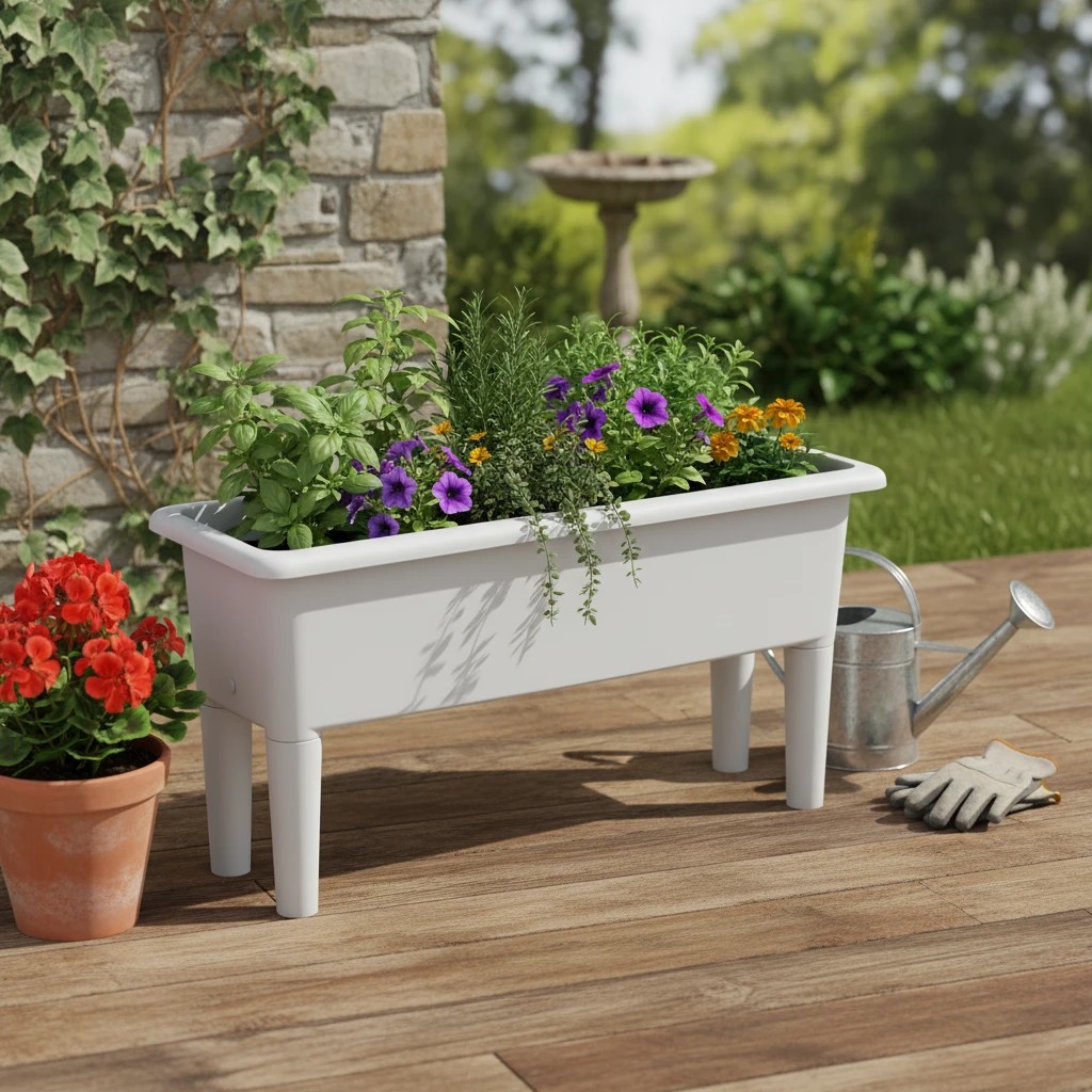2 Costway 2x 29L Raised Garden Beds Elevated Planter Box Outdoor Flower Container w/Drainage Hole - White, 2 of 3