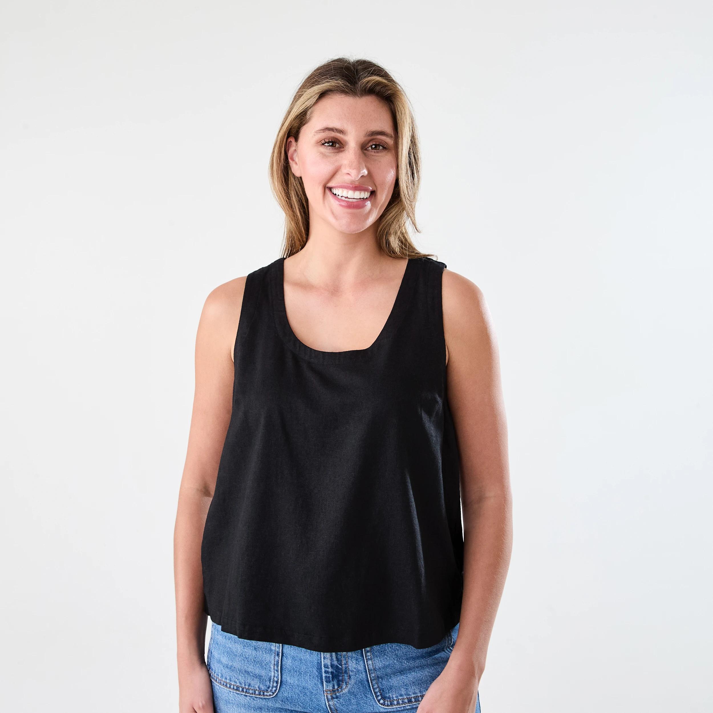 1 Sleeveless Linen Blend Scoop Neck Tank Black, 1 of 6