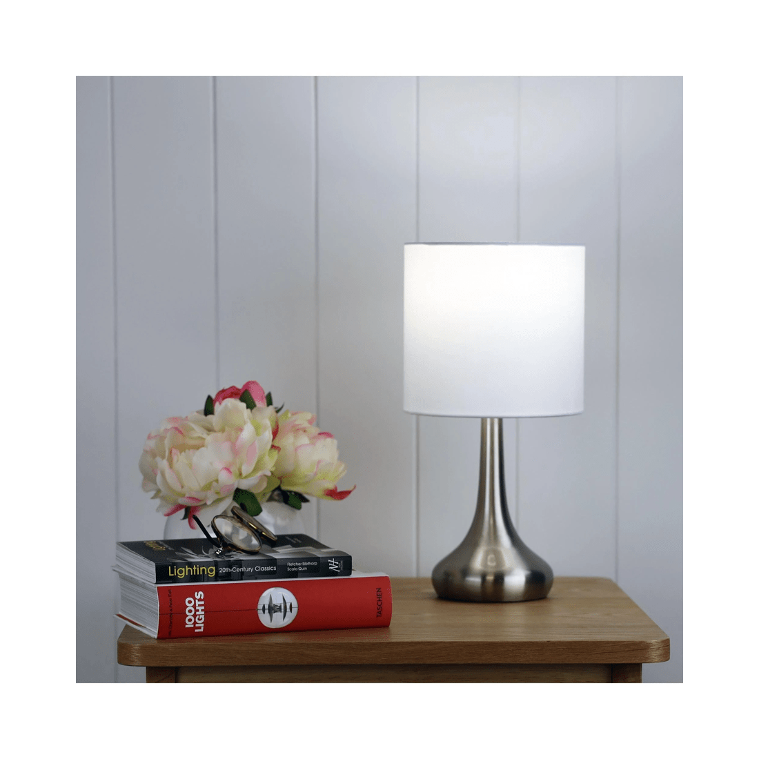 2 Oriel Lighting Lola Touch Bedside Lamp, Brushed Chrome with White Poly‑Cotton Shade
 - metallic, 2 of 3