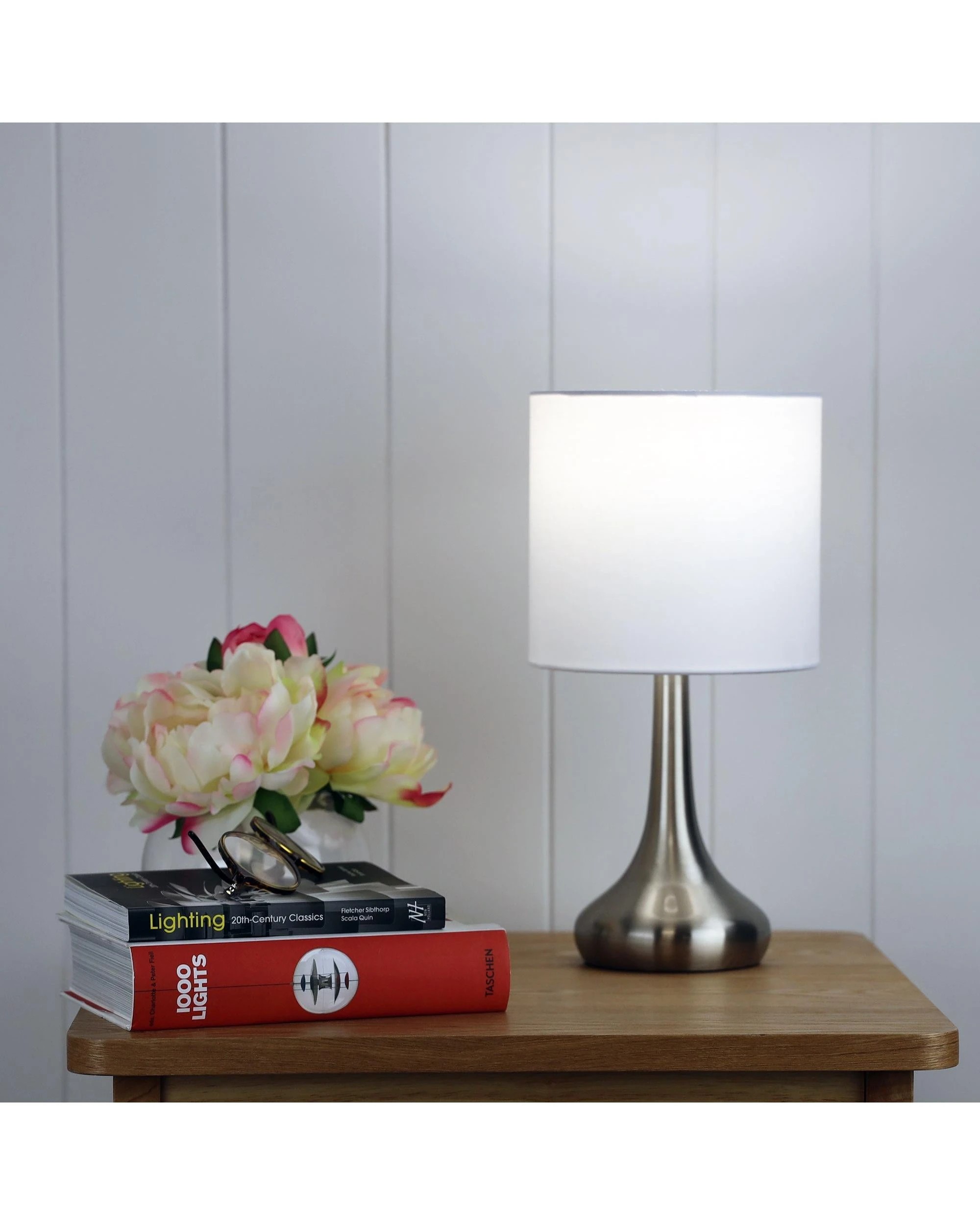 2 Oriel Lighting Lola Touch Bedside Lamp, Brushed Chrome with White Poly‑Cotton Shade
 - metallic, 2 of 3