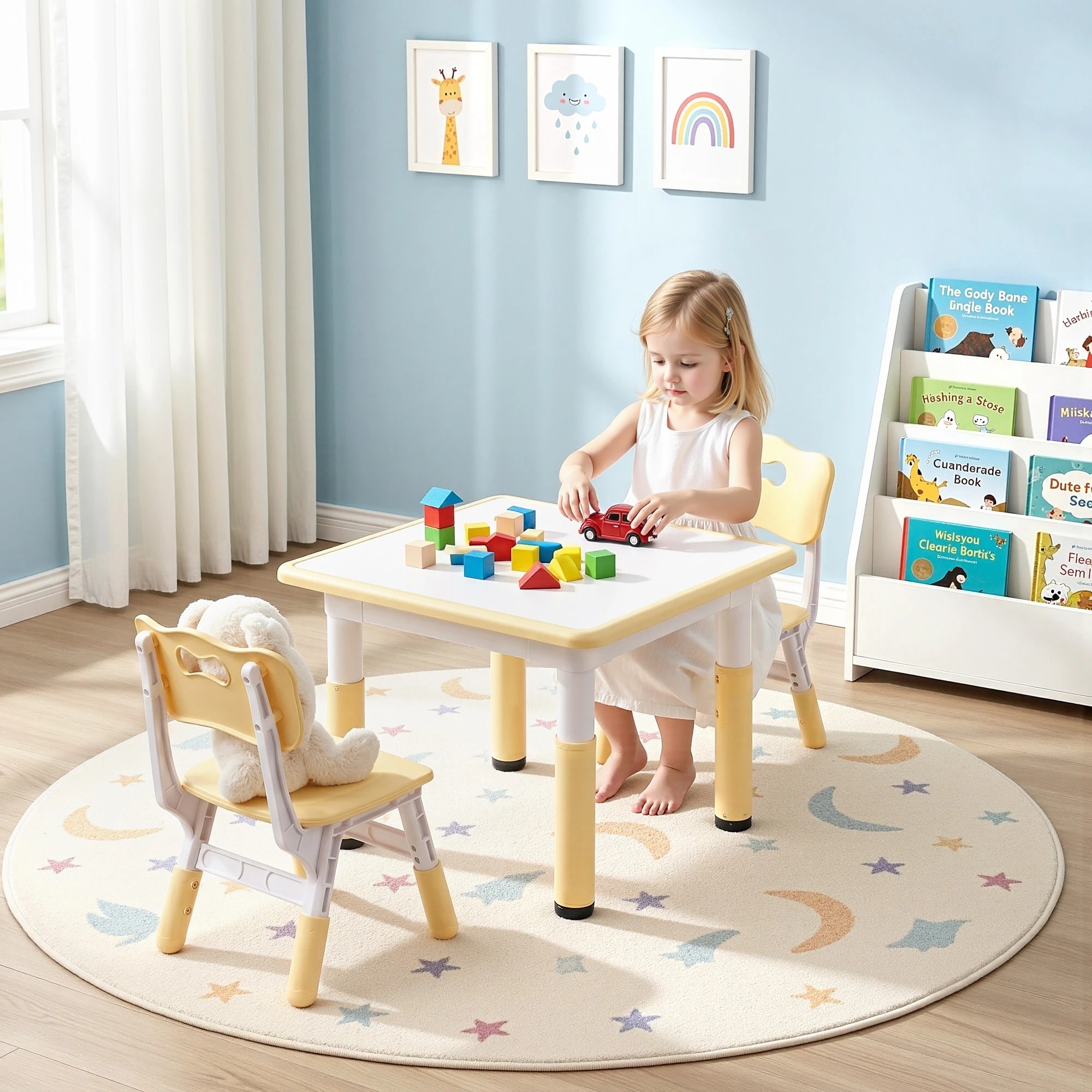 8 Keezi Kids Table and 2 Chairs Set Height Adjustable Toddler Activity Table Graffiti Top - Natural, 8 of 9