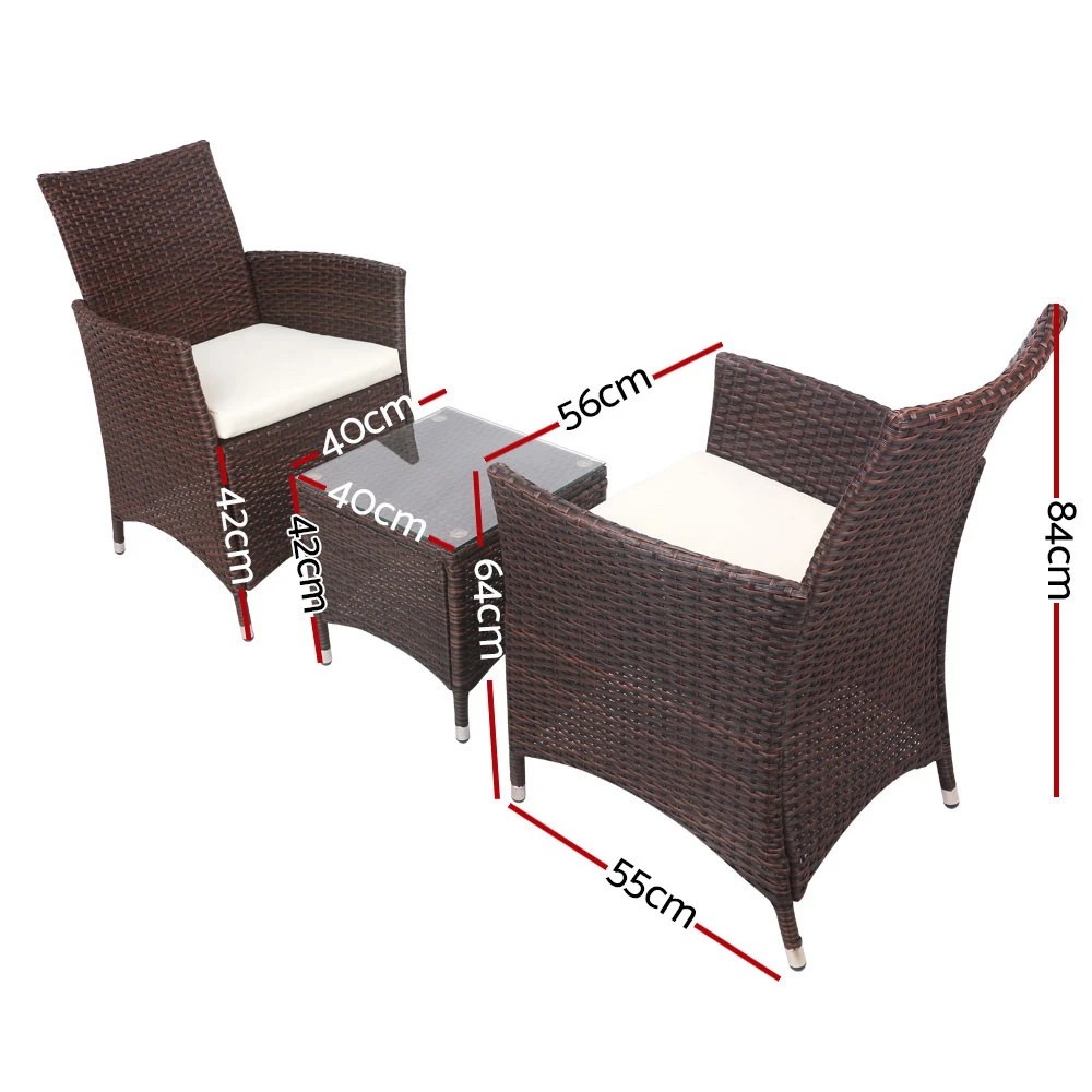 2 Gardeon 3PC Outdoor Bistro Set Patio Furniture Wicker Setting Chairs Table Cushion - Brown, 2 of 8