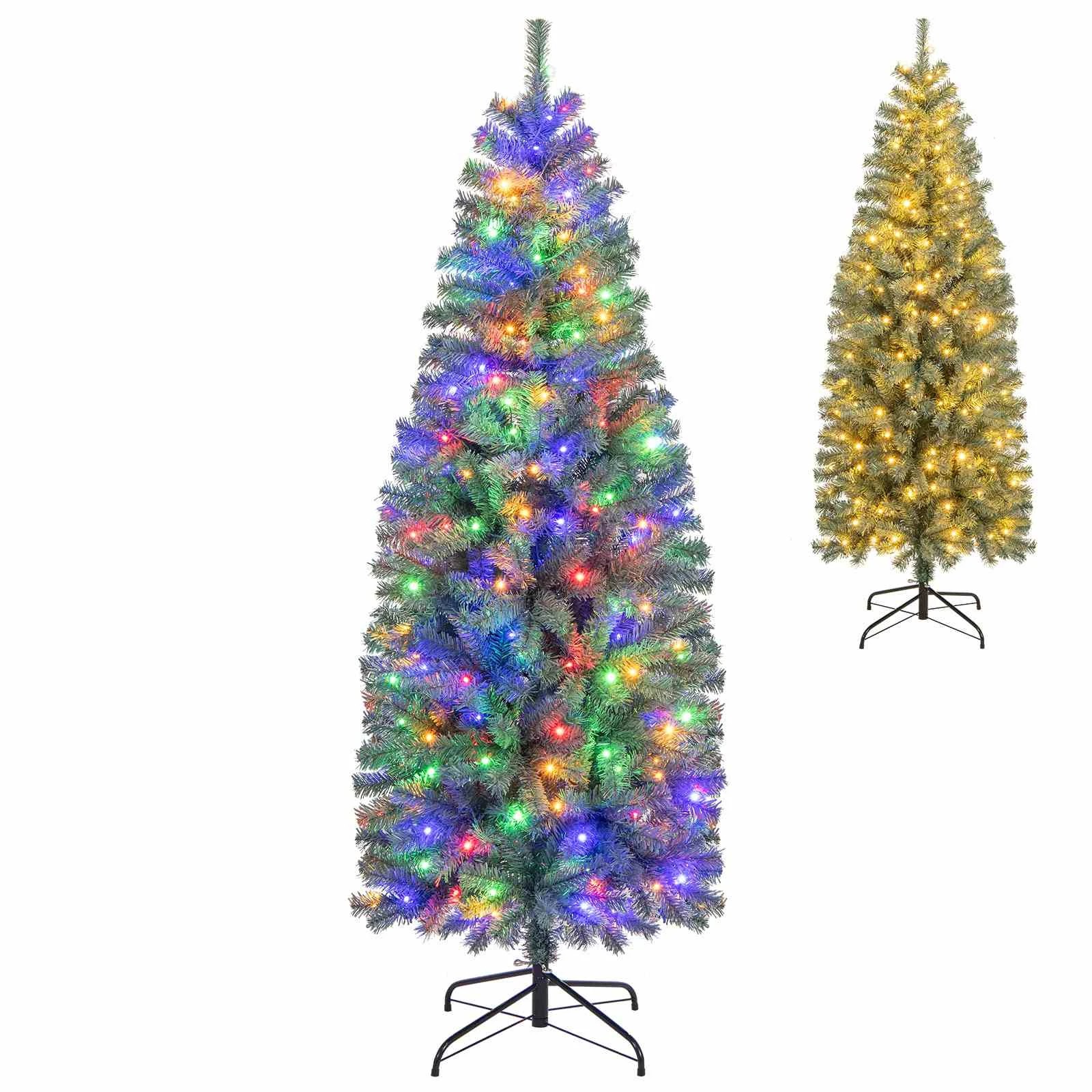1 Costway 1.95M Pre-Lit Blue Artificial Christmas Tree Slim Pencil Holiday Tree 9 Modes LEDs, 1 of 2