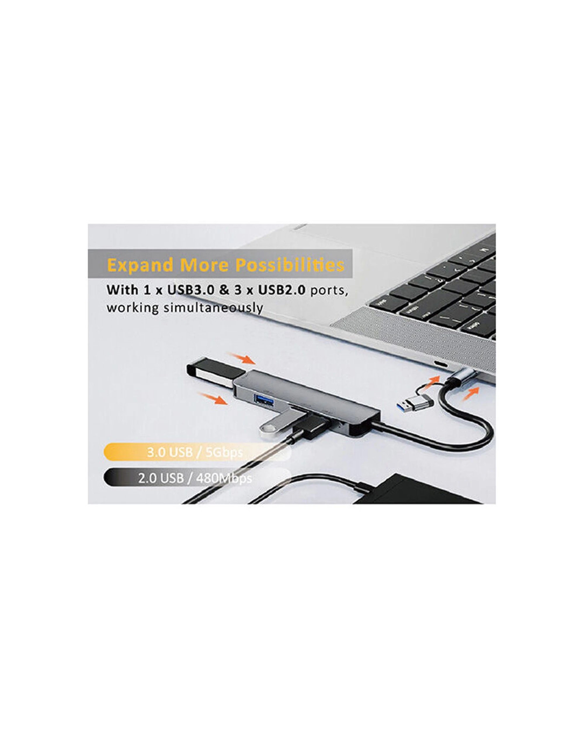 3 Sansai 4 Port USB Hub Laptop USB A C To 3x USB A 2.0 1x 3.0 Aluminium - Grey, 3 of 3