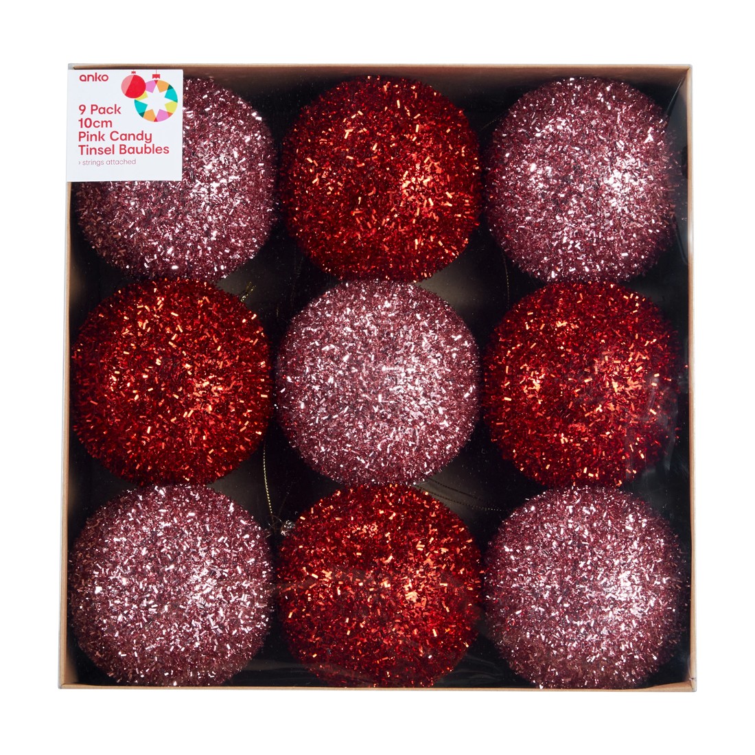 1 9 Pack 10cm Pink Candy Tinsel Baubles, 1 of 5