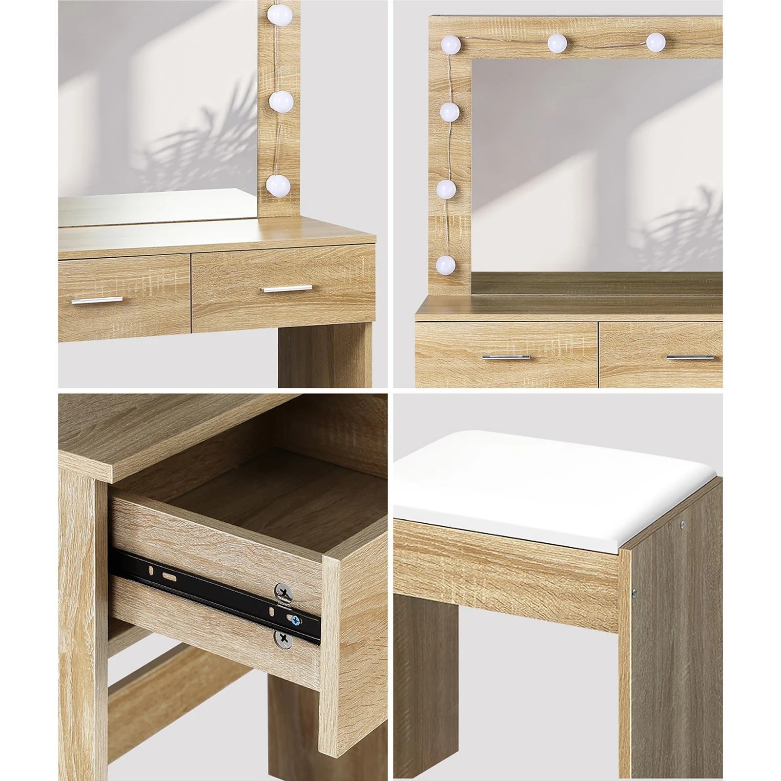 4 Oikiture Dressing Table Stool Set Makeup Mirror Storage Desk 10 Led Bulbs Wooden
 - Natural, 4 of 9