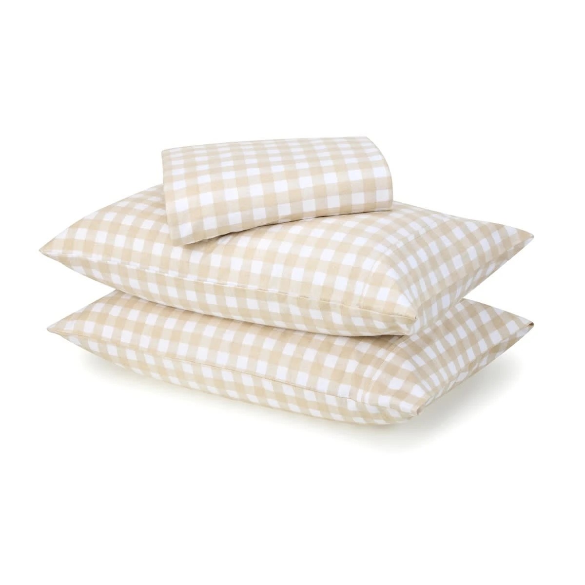1 Gingham Cotton Flannelette Sheet Set - Double Bed, Tan, 1 of 7