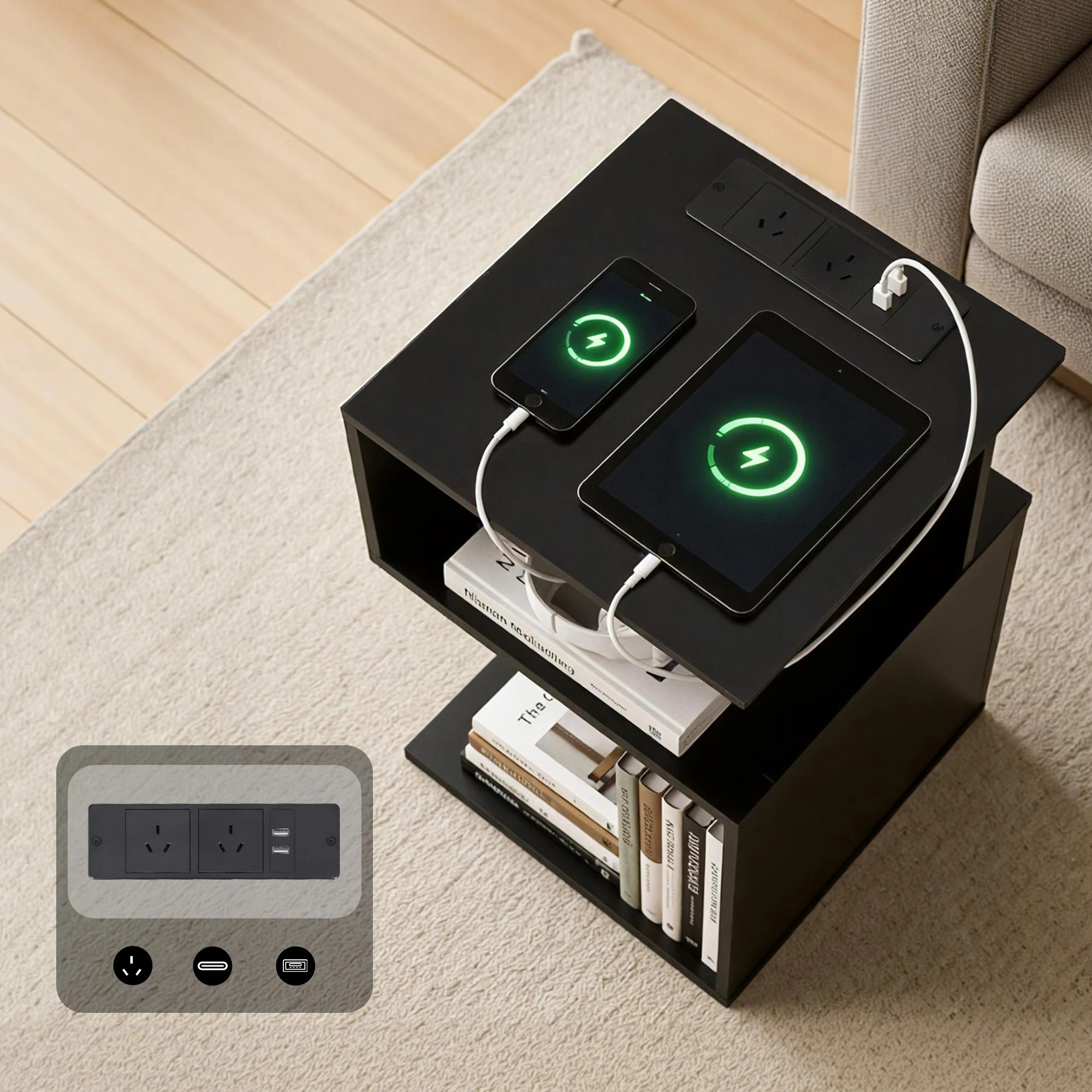 5 Artiss Bedside Table 2 Shelves S-Shaped Charging Station - Black, 5 of 7