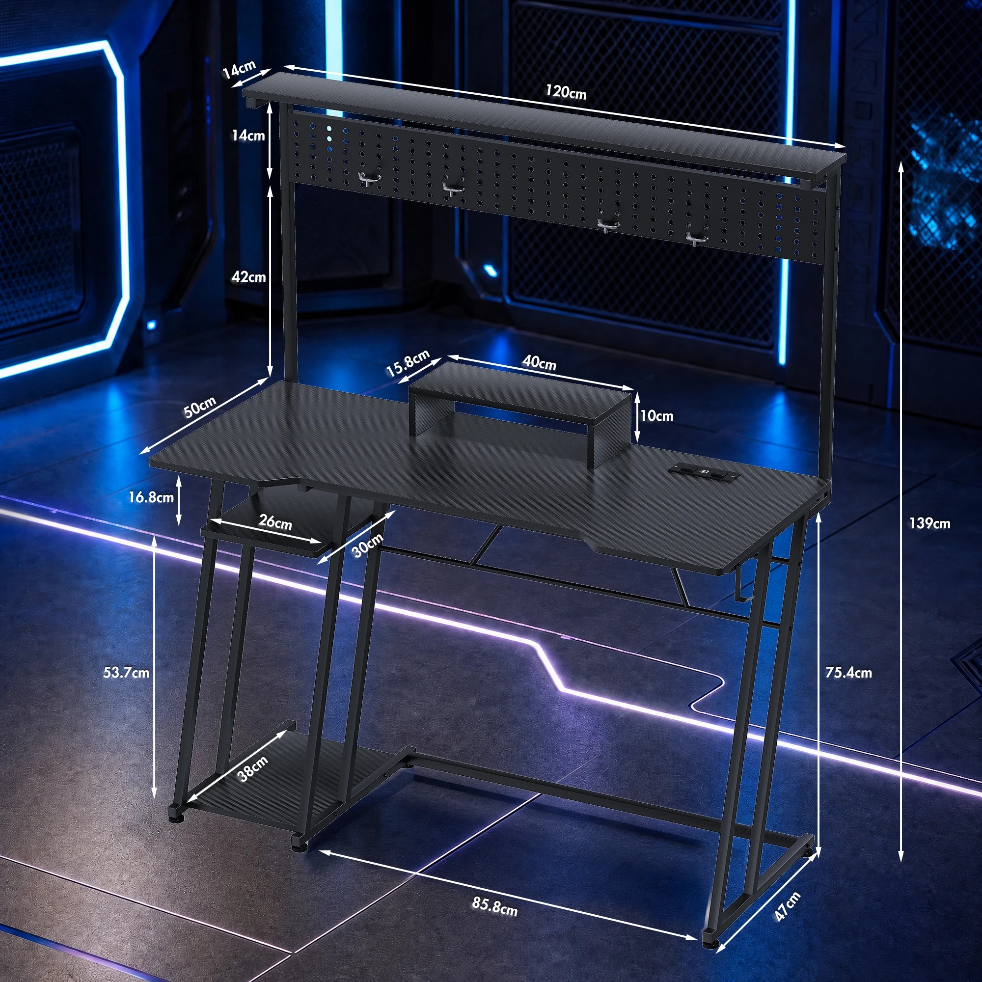 6 Advwin 120cm LED Gaming Desk w/  Power Outlets Reversible Carbon Fiber w/ Shelf hook & Pegboard - Black, 6 of 8