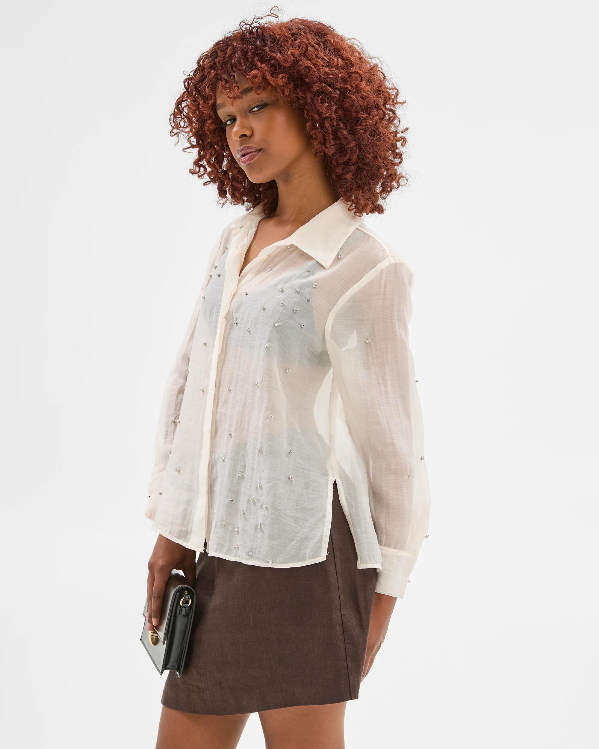 1 Target Petites Long Sleeve Jewel Detail Shirt CREAM, 1 of 5