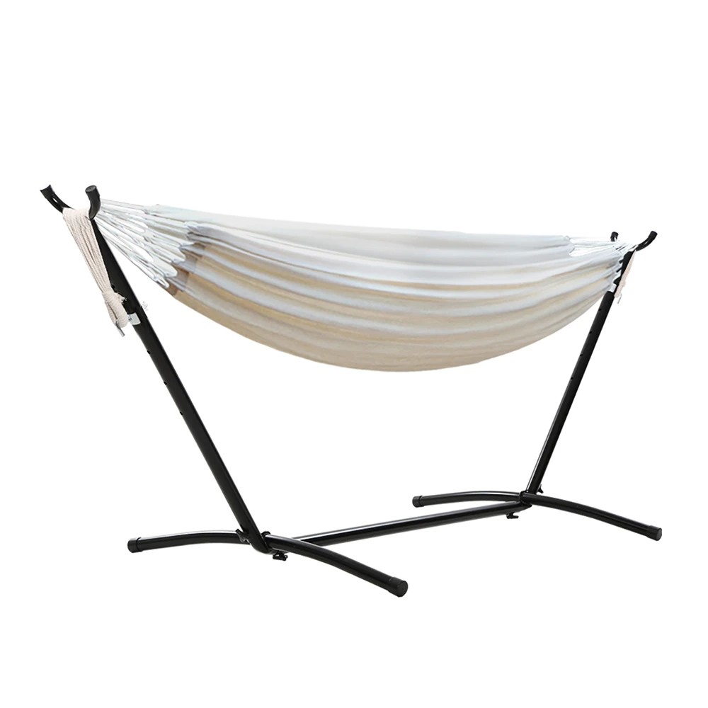 1 Gardeon Hammock Bed Camping Chair Outdoor Lounge Single Cotton with Stand - Beige, 1 of 5