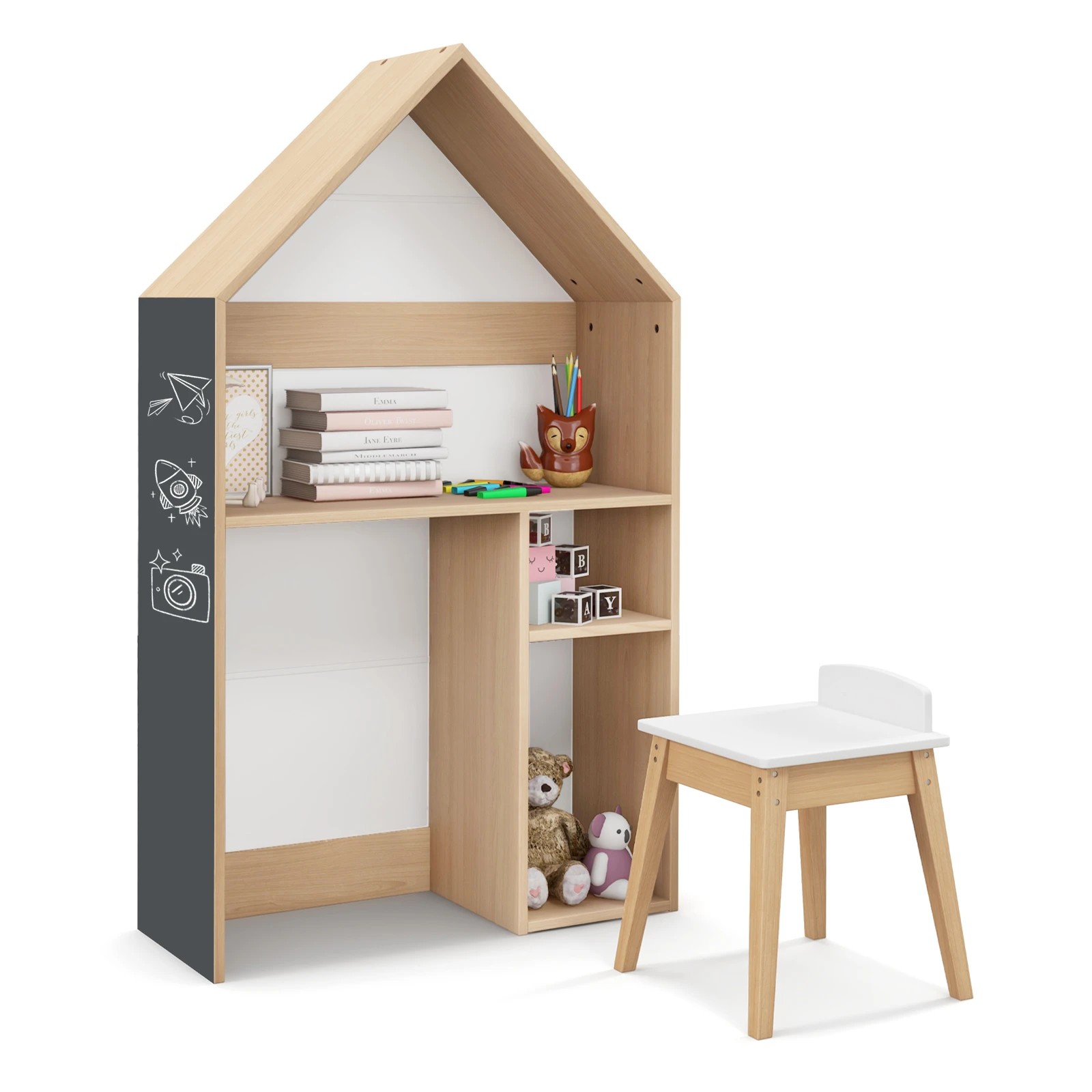 1 Costway 2-in-1 House-shaped Table & Chair Set Bookshelf, 1 of 1