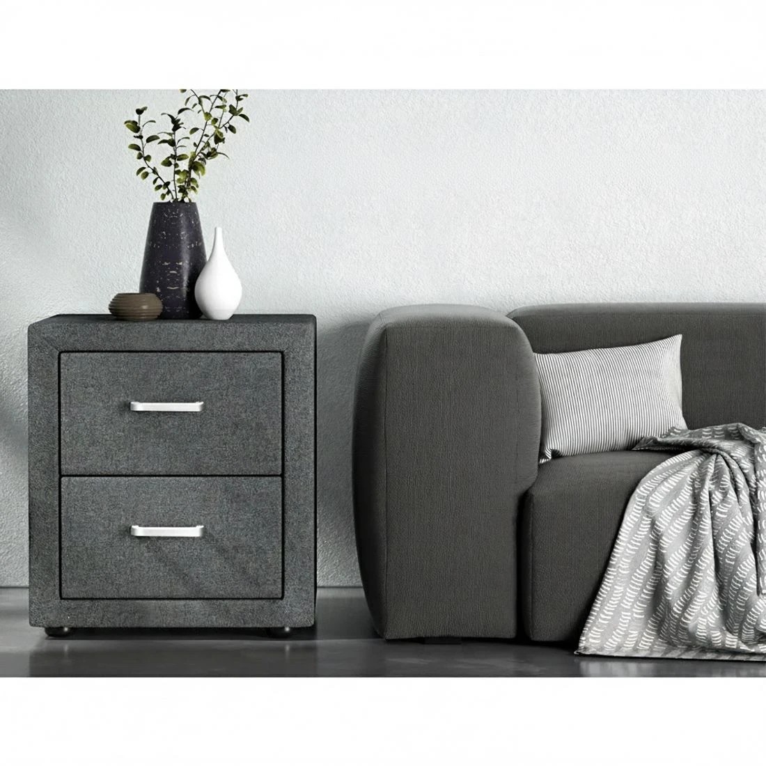 6 Artiss 2X Bedside Table 2 Drawers Side Table Fabric - Grey, 6 of 9
