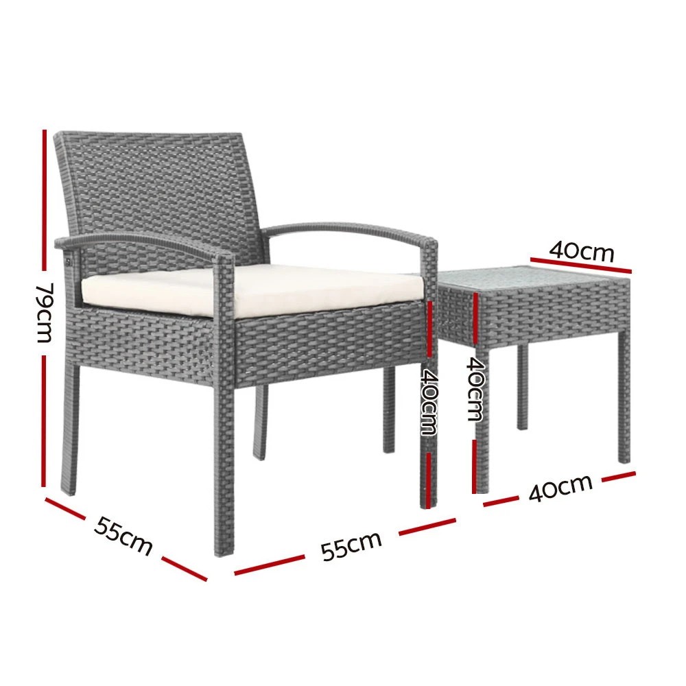 2 Gardeon 3PC Patio Furniture Bistro Set Wicker Outdoor Lounge Setting - Grey, 2 of 5