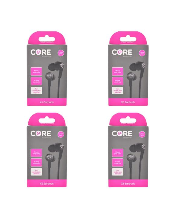 Core 4PK Essentials Earphones Wired Earbuds In-Ear Headset Mic 1.2m Cable - Black