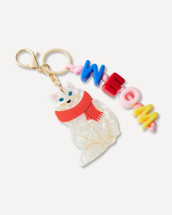 Resin Cat Charm Keyring - White and Gold Tone