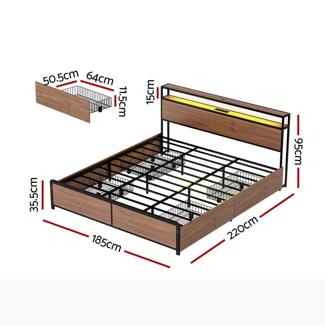 1 Artiss Metal Bed Frame King Size LED Storage Headboard USB Charge 4 Drawers - Black, 1 of 6