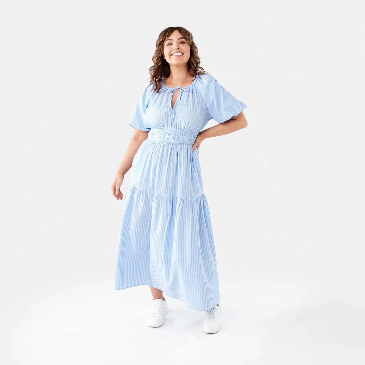 1 Short Sleeve Shirred Waist Midi Dress DANI STRP BRUNI BLUE, 1 of 10