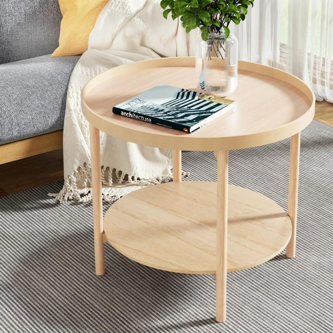3 Artiss Coffee Table Side Table Round 70CM - Natural, 3 of 6