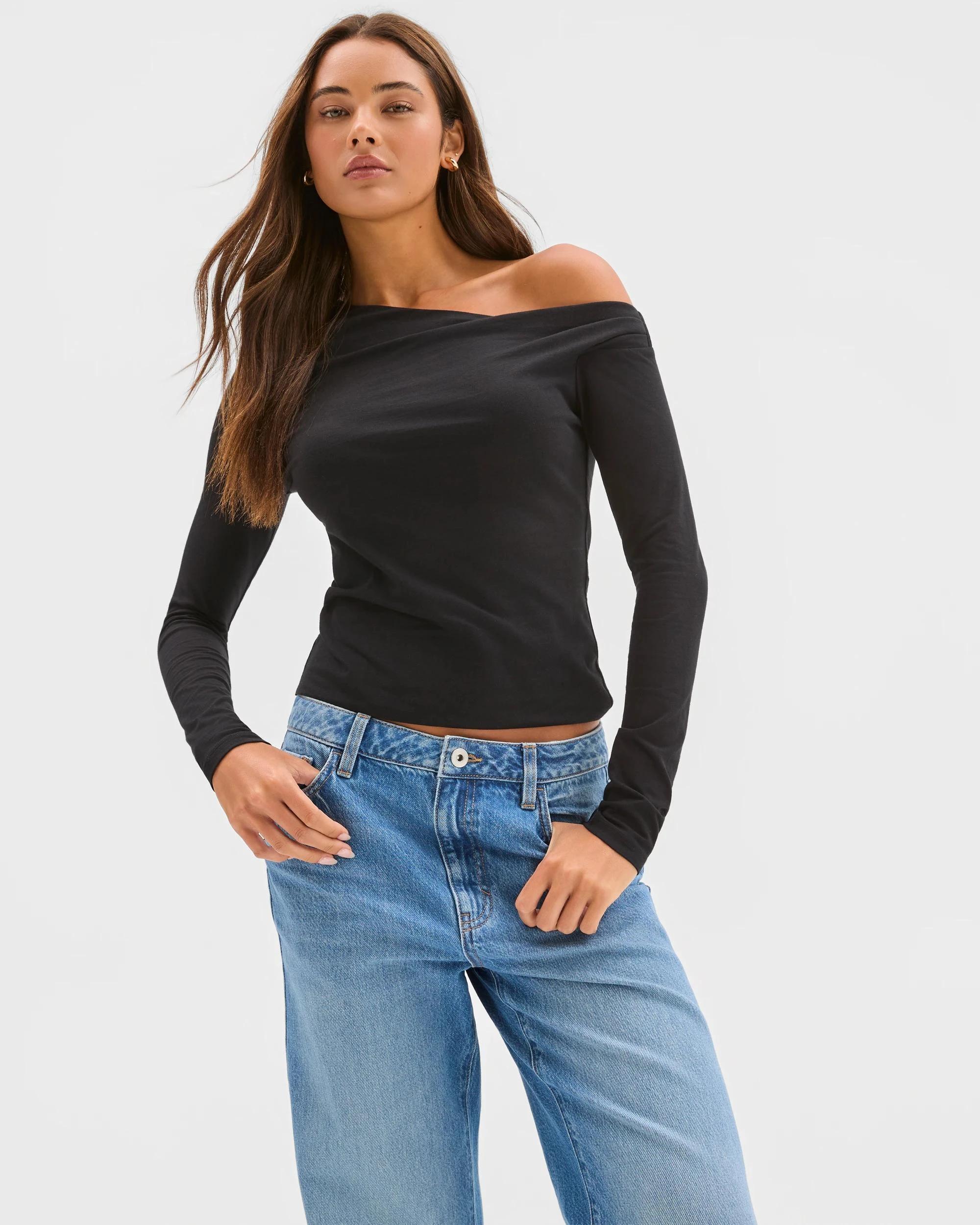 3 Lily Loves Australian Cotton Off Shoulder Long Sleeve Top BLACK, 3 of 6