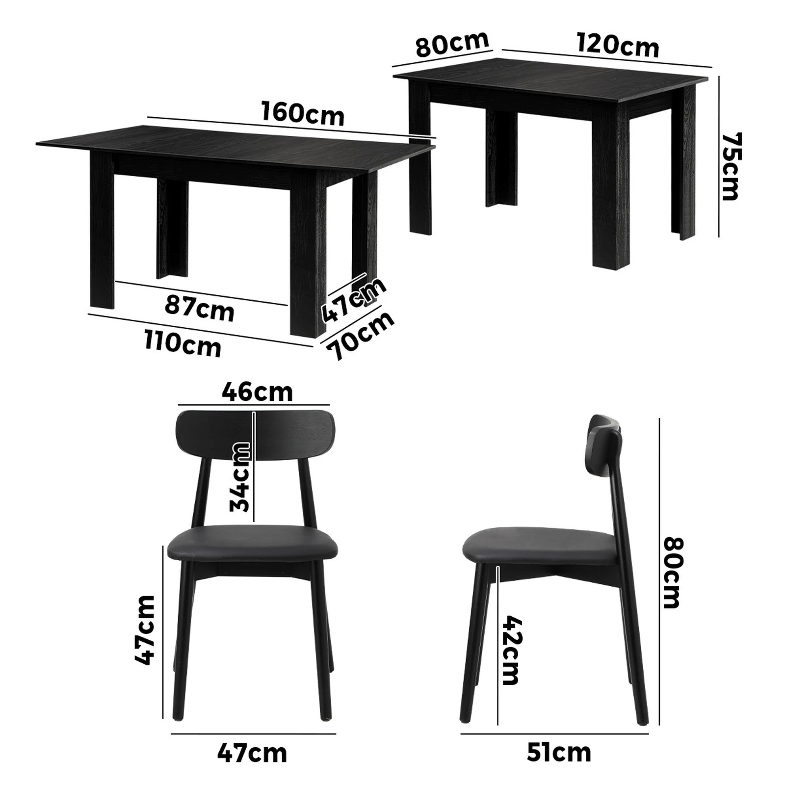 2 Oikiture 160cm Extendable Dining Table with 4x Dining Chairs PU Leather - Black, 2 of 9