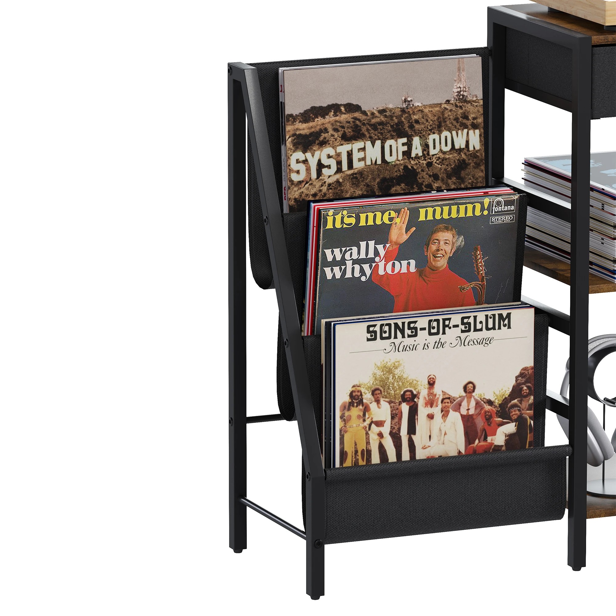 4 Advwin Storage Record Player Stand w/6 Pockets and Drawer Record Table Stand Storage Up to 200 Albums, 4 of 10