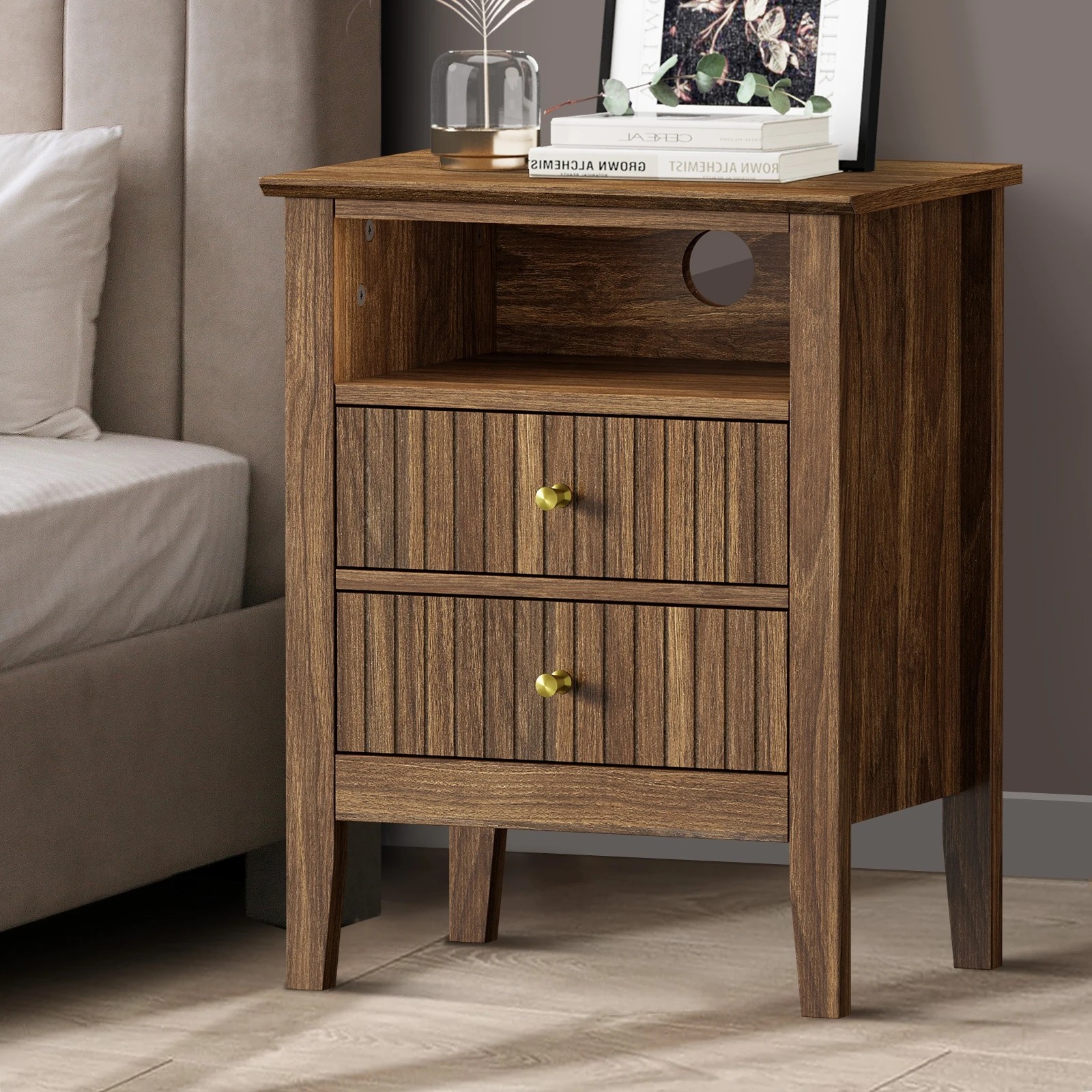 1 Oikiture Bedside Table Nightstand 2 Drawer with Shelf Storage Cabinet - Brown, 1 of 9