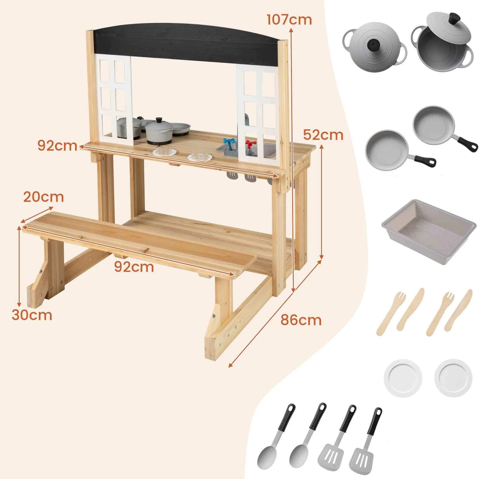 2 Costway Outdoor Mud Kitchen w/Bench Wood Pretend Play Kitchen Playset Stoves, 2 of 2