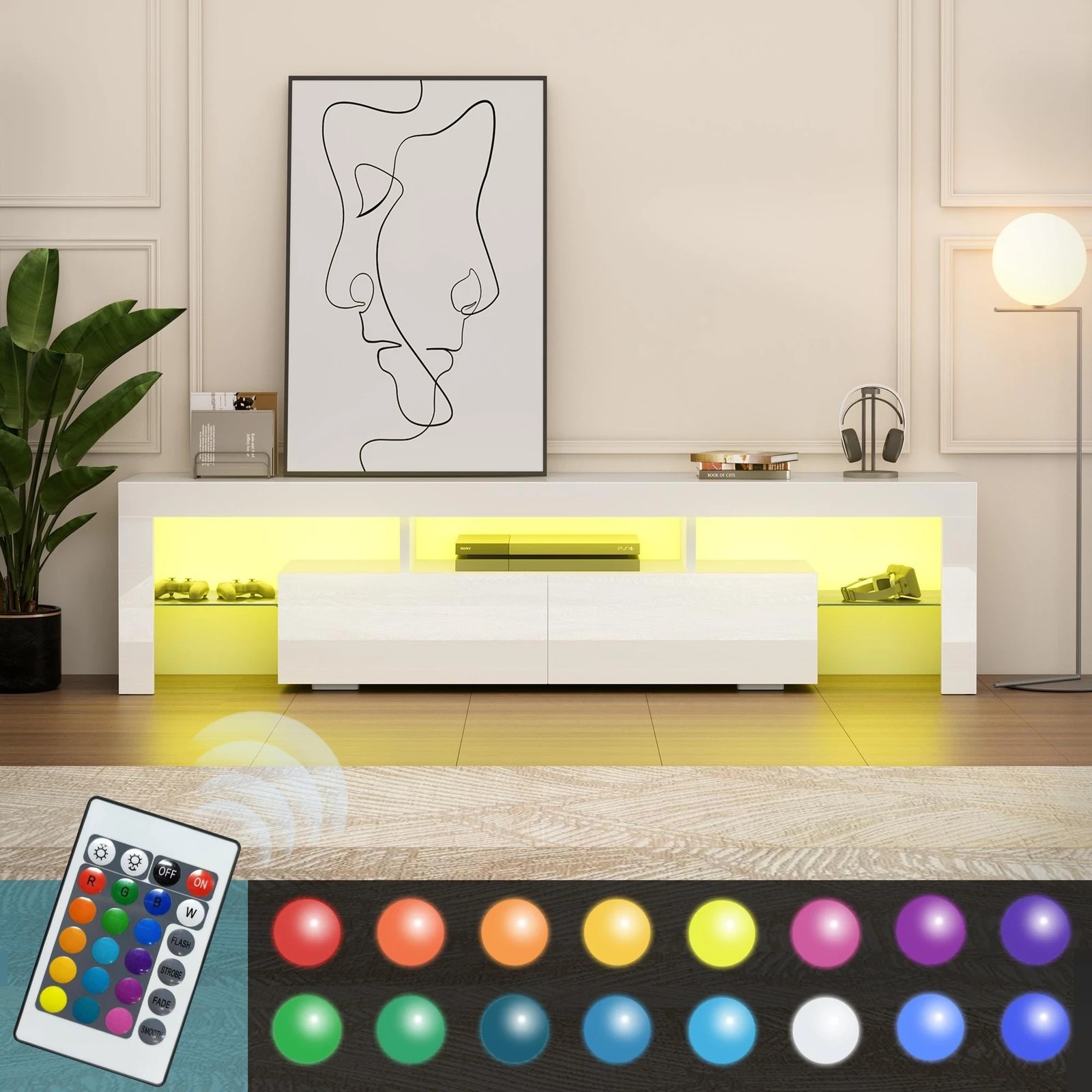 7 Alfordson Entertainment Unit 160cm TV Stand LED Light Storage Gloss - White, 7 of 10