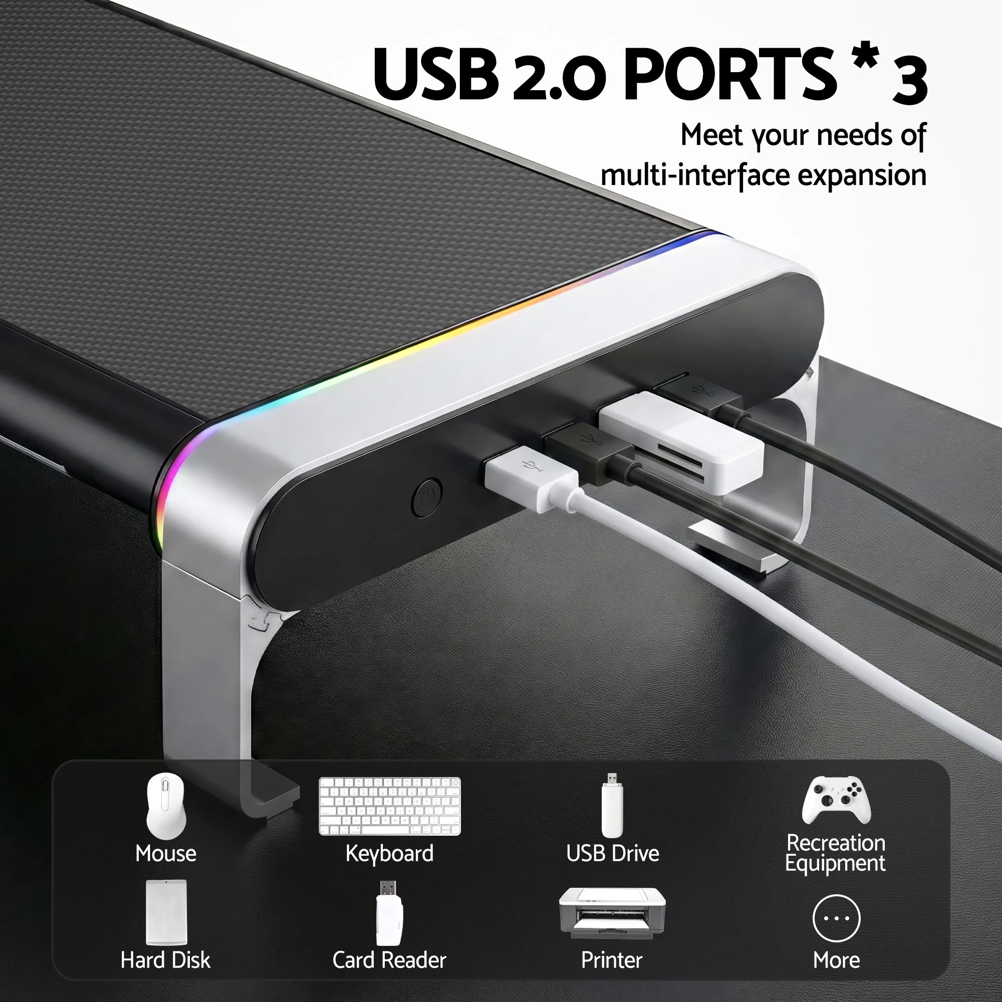 4 Artiss RGB Monitor Stand with USB Hub Desk Organiser Charging Stand Computer - Black, 4 of 7