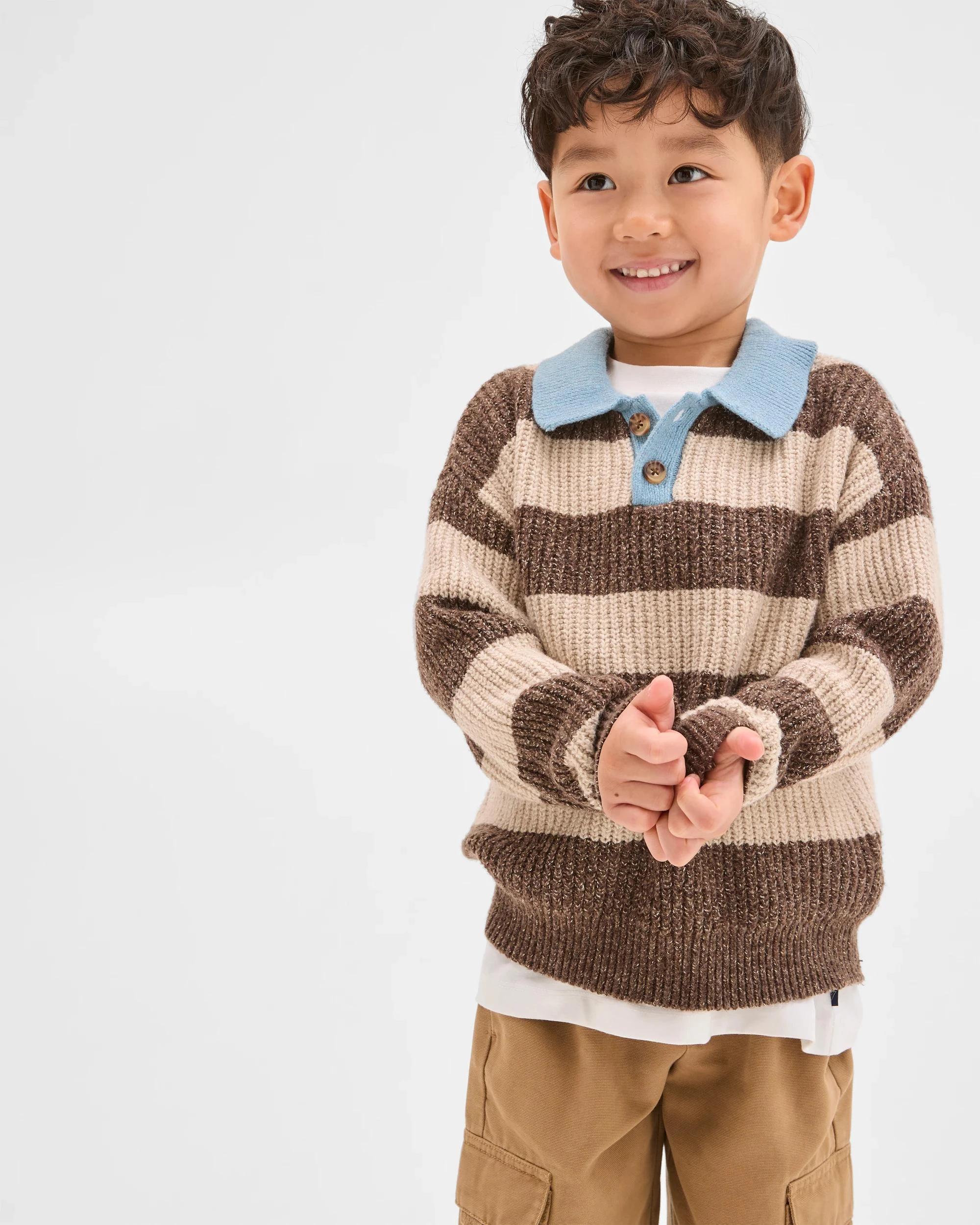 1 Target Kids Long Sleeve Striped Knit Polo Top BROWN, 1 of 6