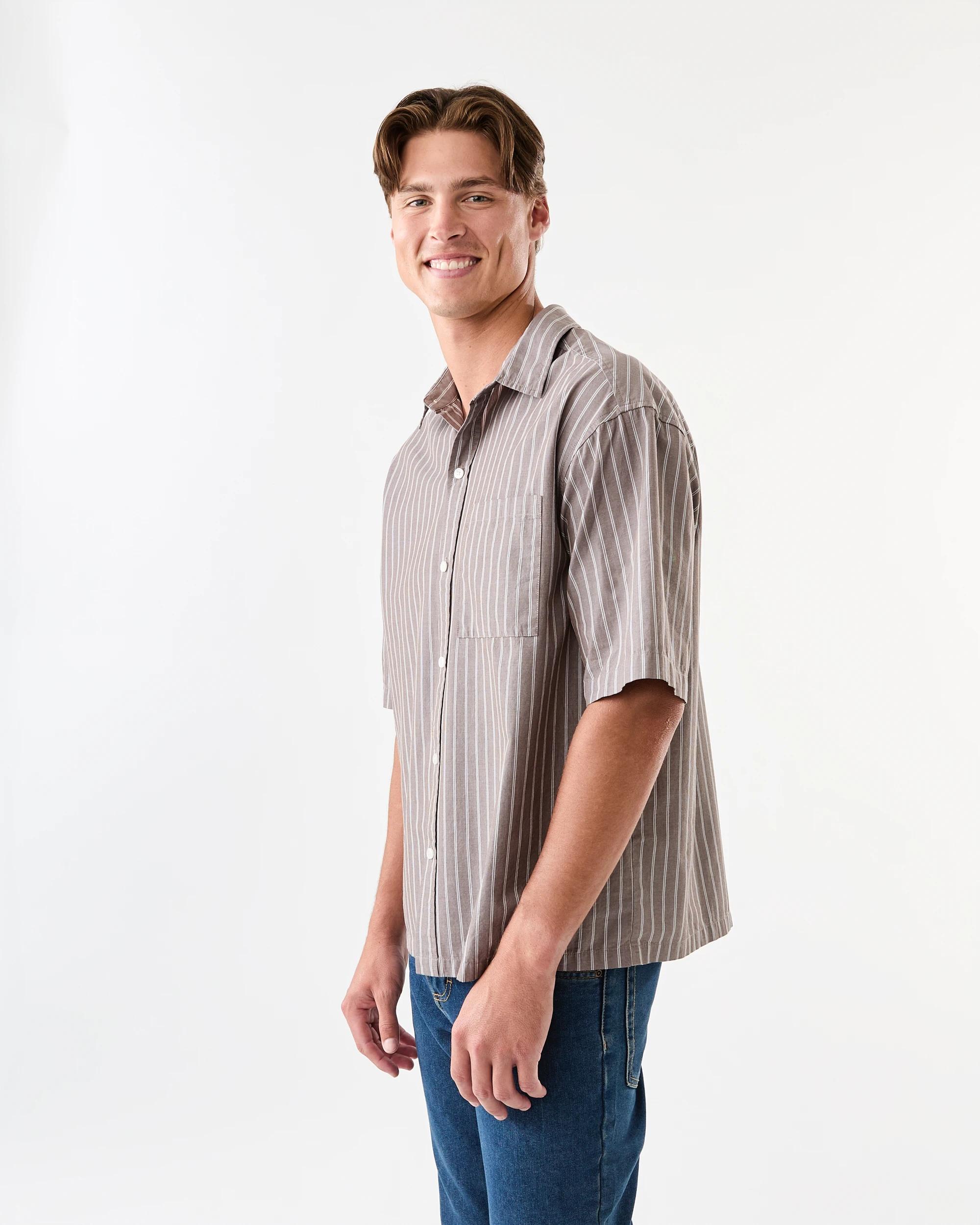 2 Short Sleeve Boxy Poplin Stripe Shirt Brn Stripe, 2 of 7