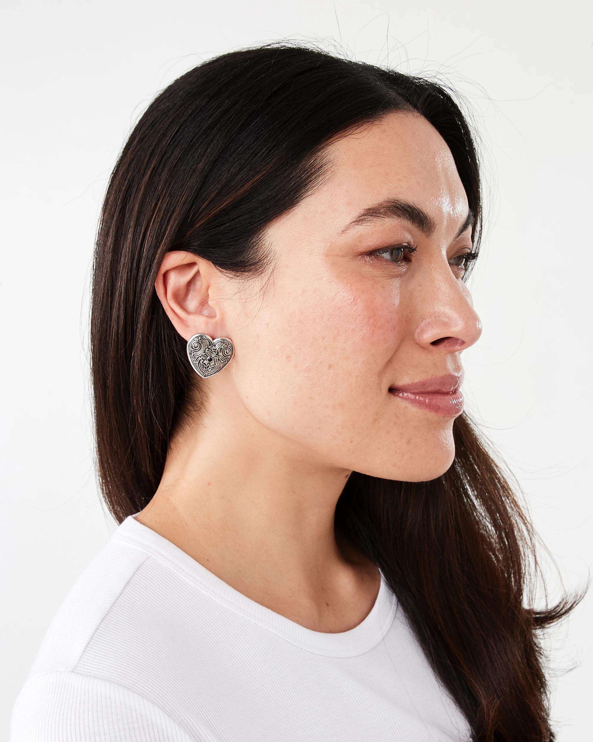 4 Western Heart Stud Earrings - Silver Tone Silver, 4 of 5