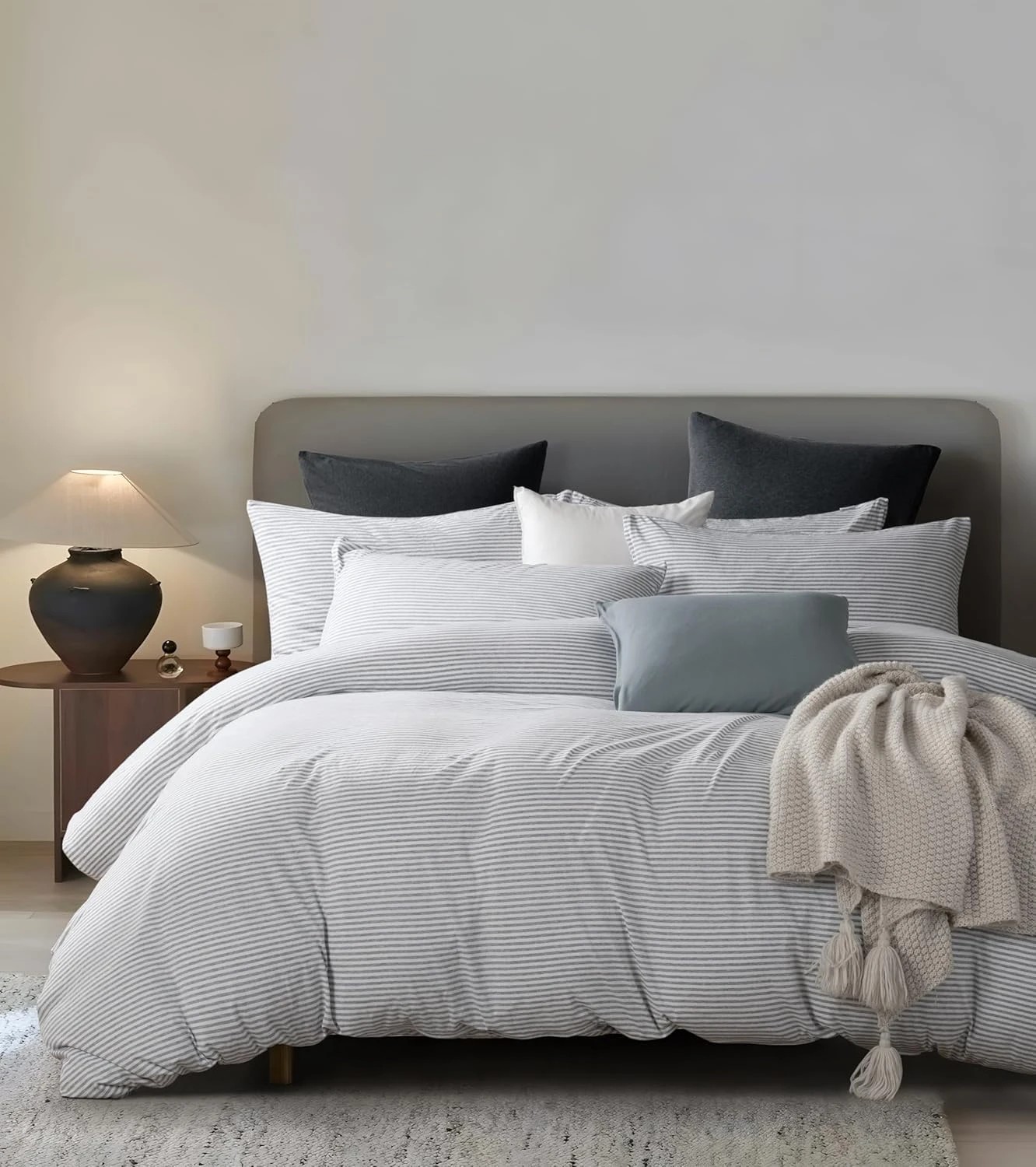 1 Gioia Casa Jersey Cotton Quilt Cover Set Soft Breathable Stretchy - Double Bed - Grey Stripe, 1 of 5