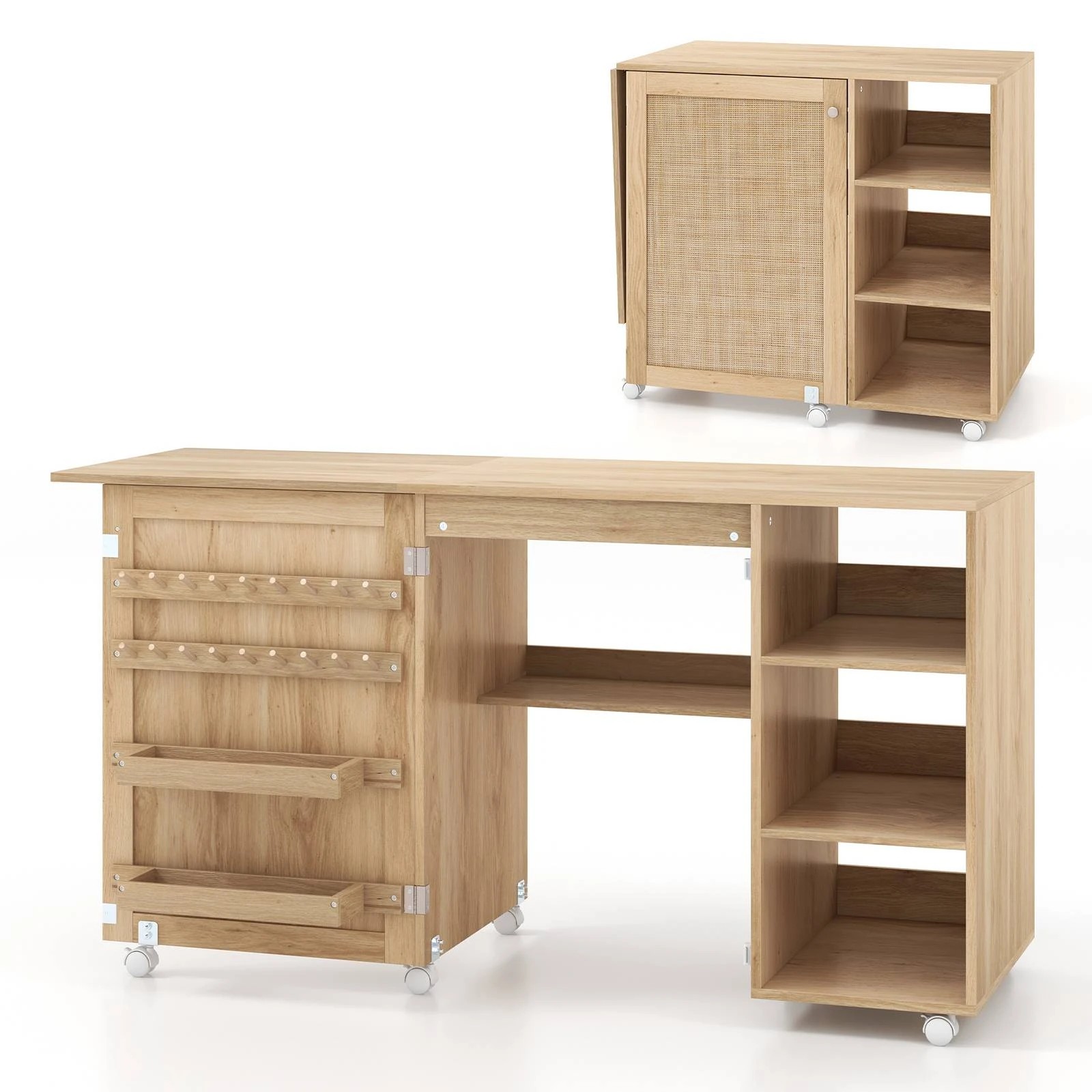 1 Costway Folding Sewing Table w/Rattan Door Multipurpose Craft Station - Natural, 1 of 3