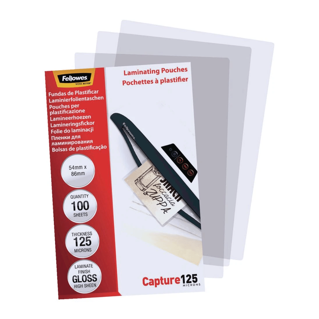 4 Fellowes Laminating Pouch 54 x 86mm 125 Micron Gloss 100 Pack, 4 of 5