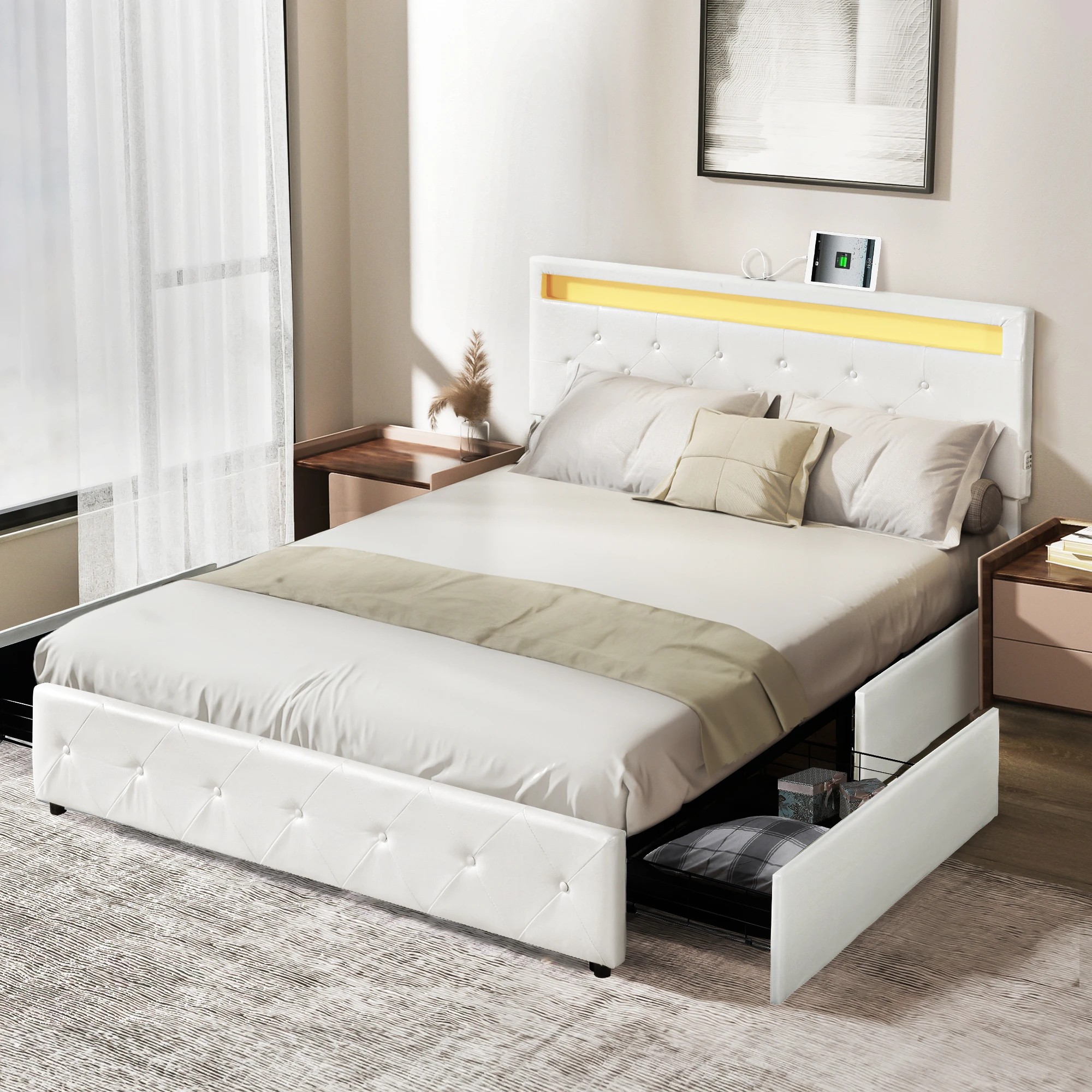 7 Levede Double PU Leather Bed Frame With LED Light and Storage Drawers - White, 7 of 9