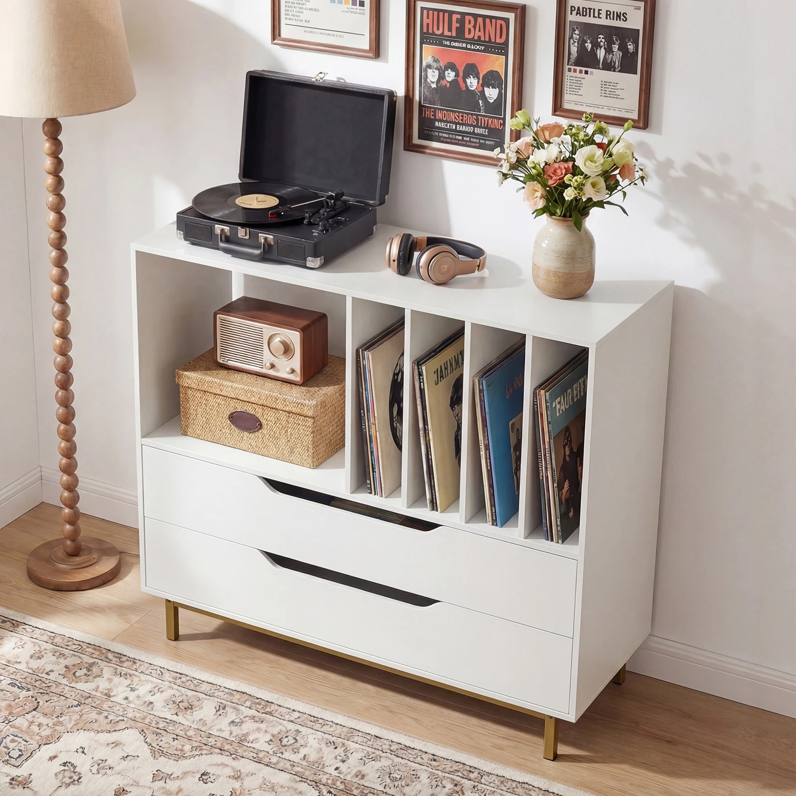 4 Costway Retro Record Player Stand 4 Vinyl Storage Racks w/2 Drawers - White, 4 of 7