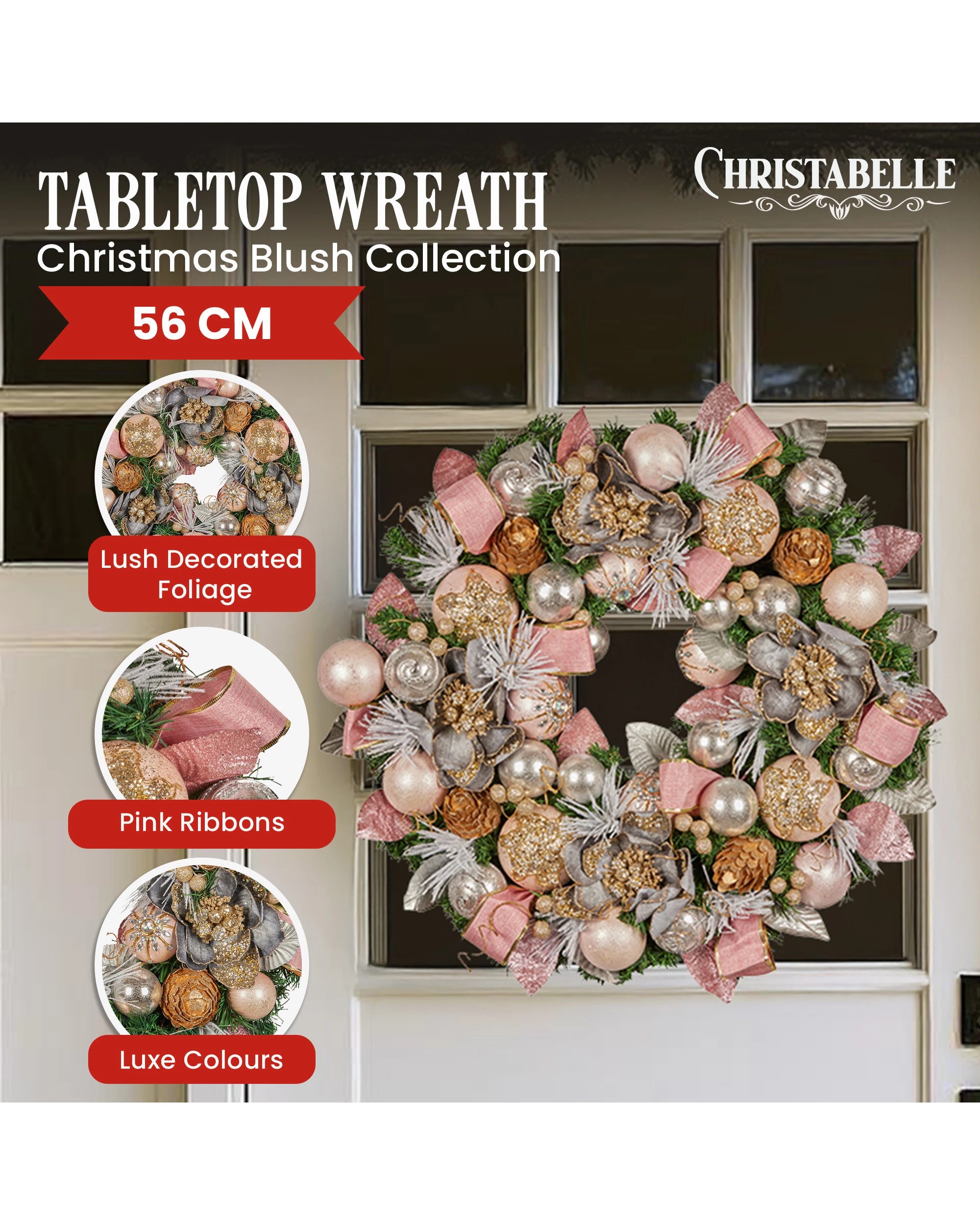 6 Christabelle 56cm Christmas Wreath Lush Pink Front Door Decoration Jewelled Baubles Flowers Pine Cones Ribbons, 6 of 8