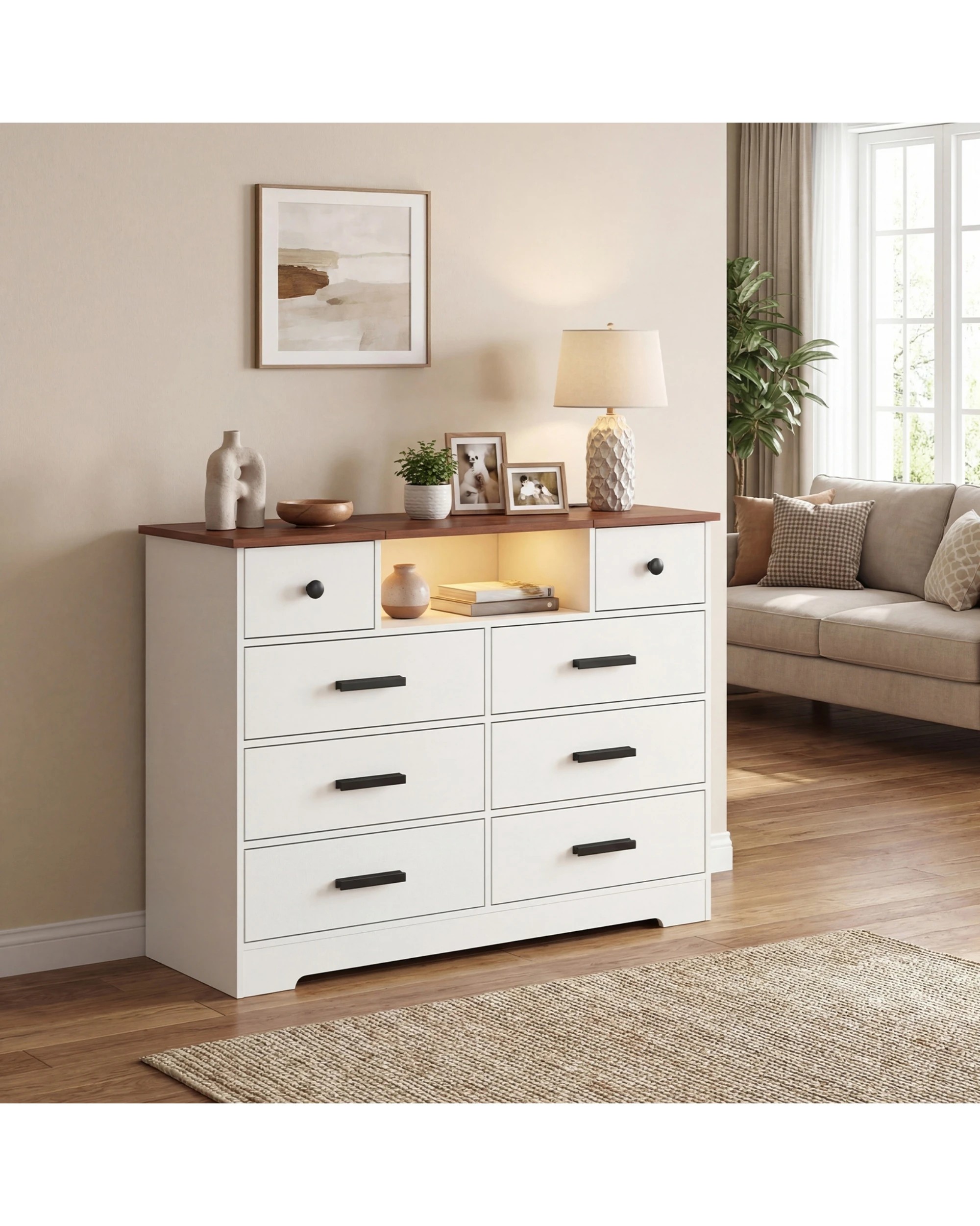6 Advwin Dresser with Mirror Chest of Drawers with LED Lights and Charging Station - White, 6 of 10