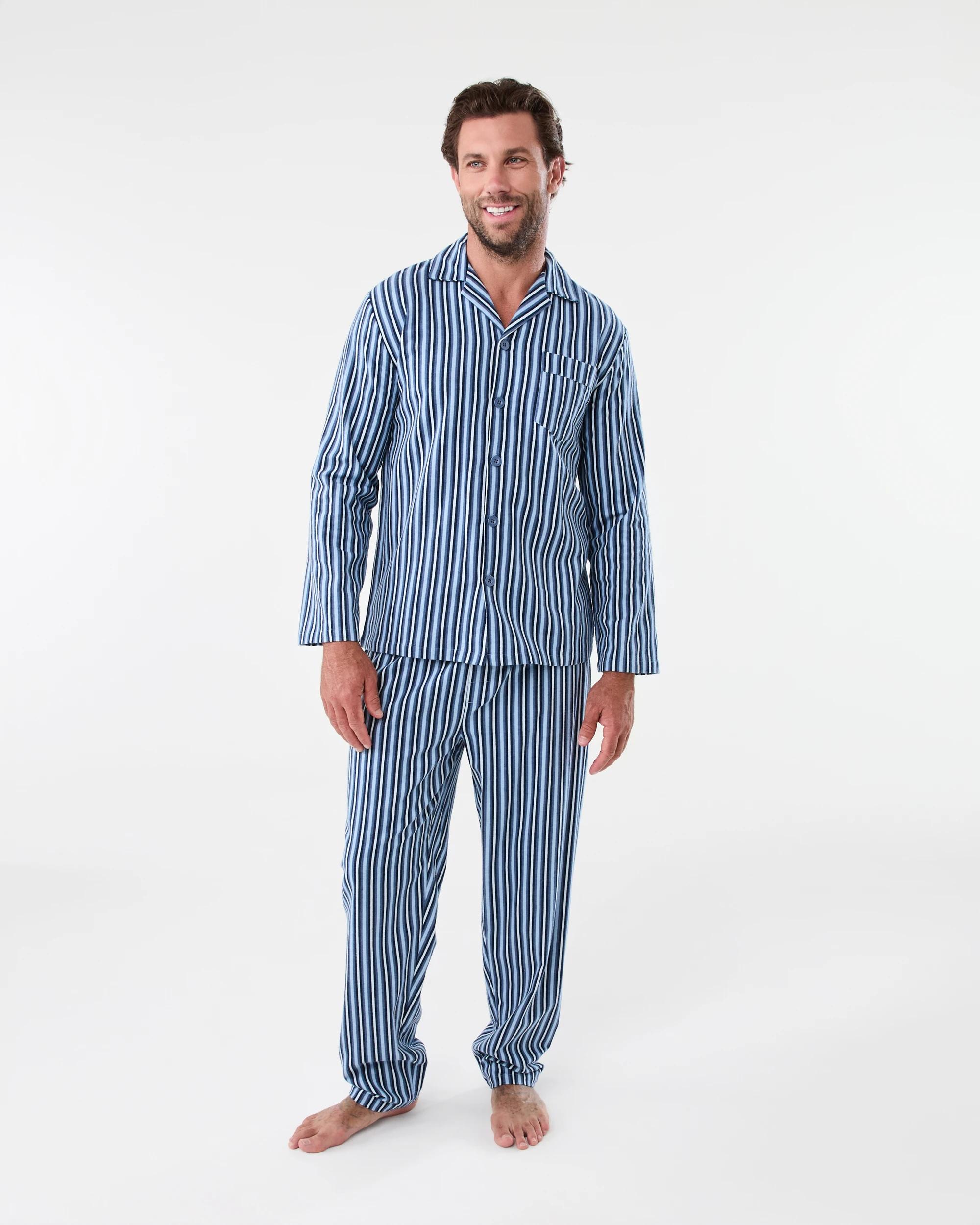 1 Print Flannel Pyjama Set Blu Stripe, 1 of 8