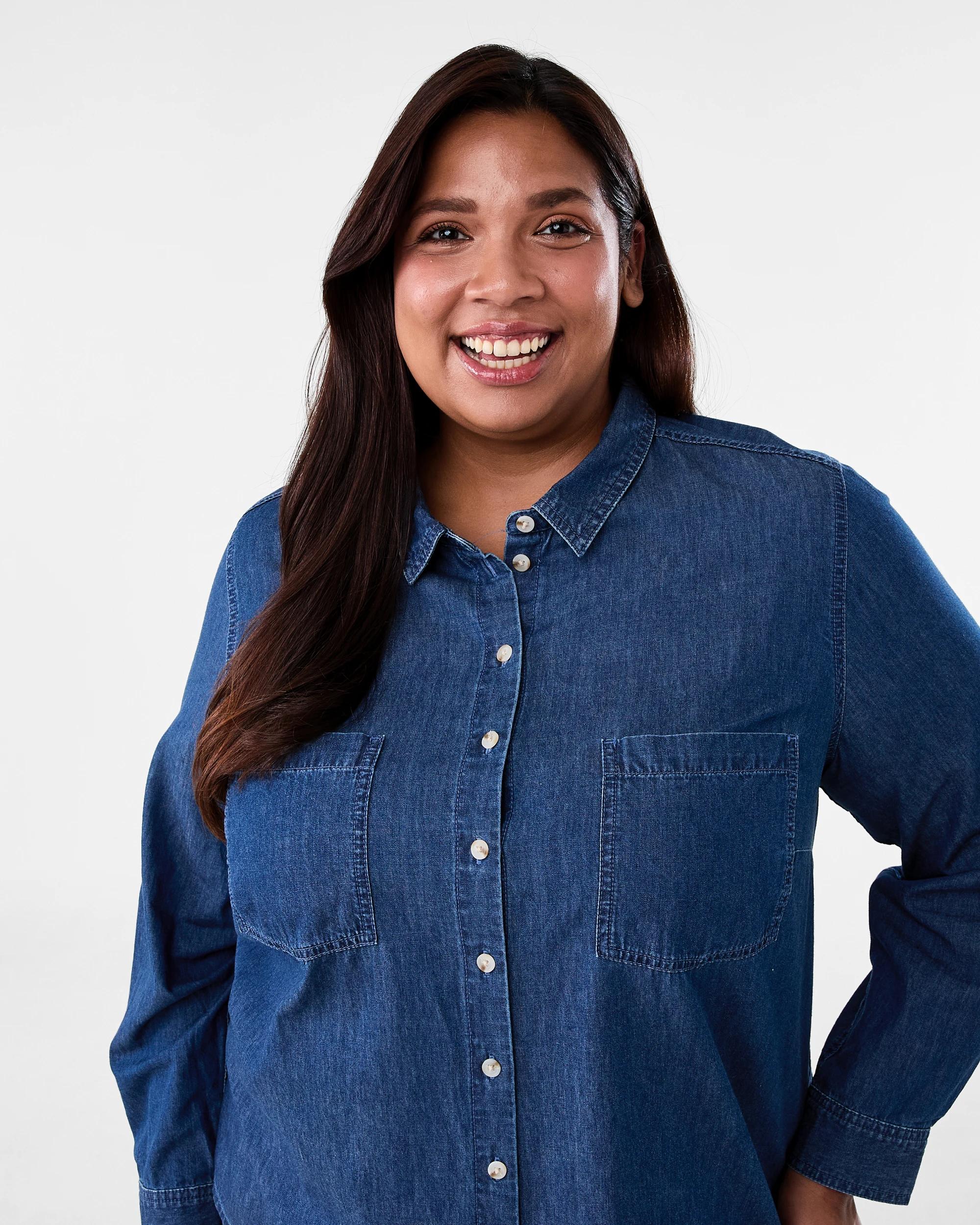 5 Curve Long Sleeve Denim Shirt Mid Wash, 5 of 9